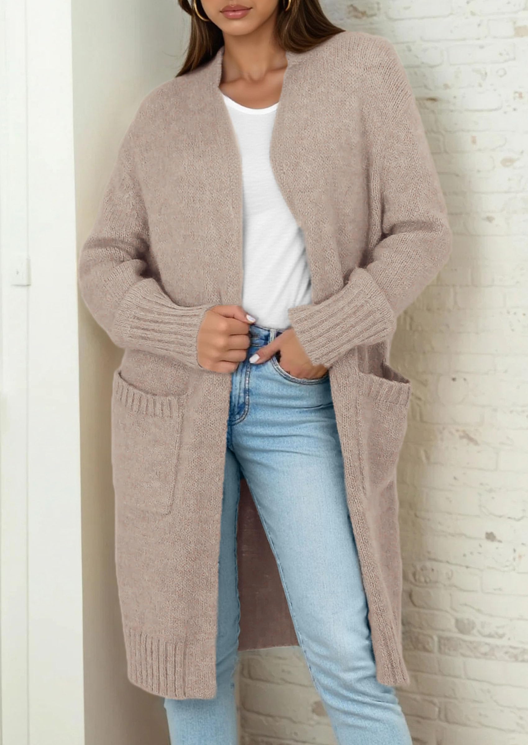 Open Front Cardigan Sweaters for Women,Beige Grey,S