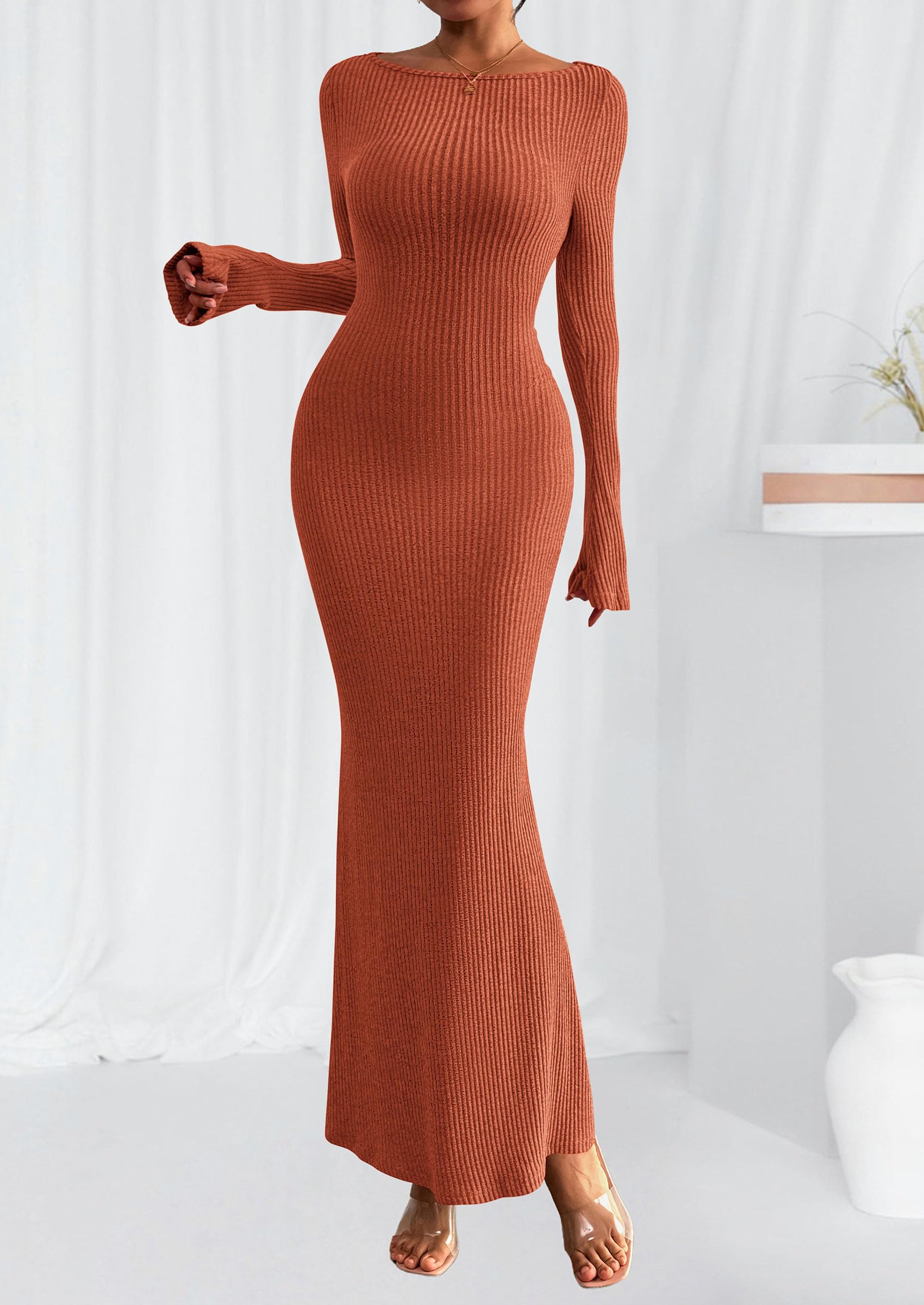 Women's Fall Long Sleeve Bodycon Maxi Dresses Burnt Orange,M