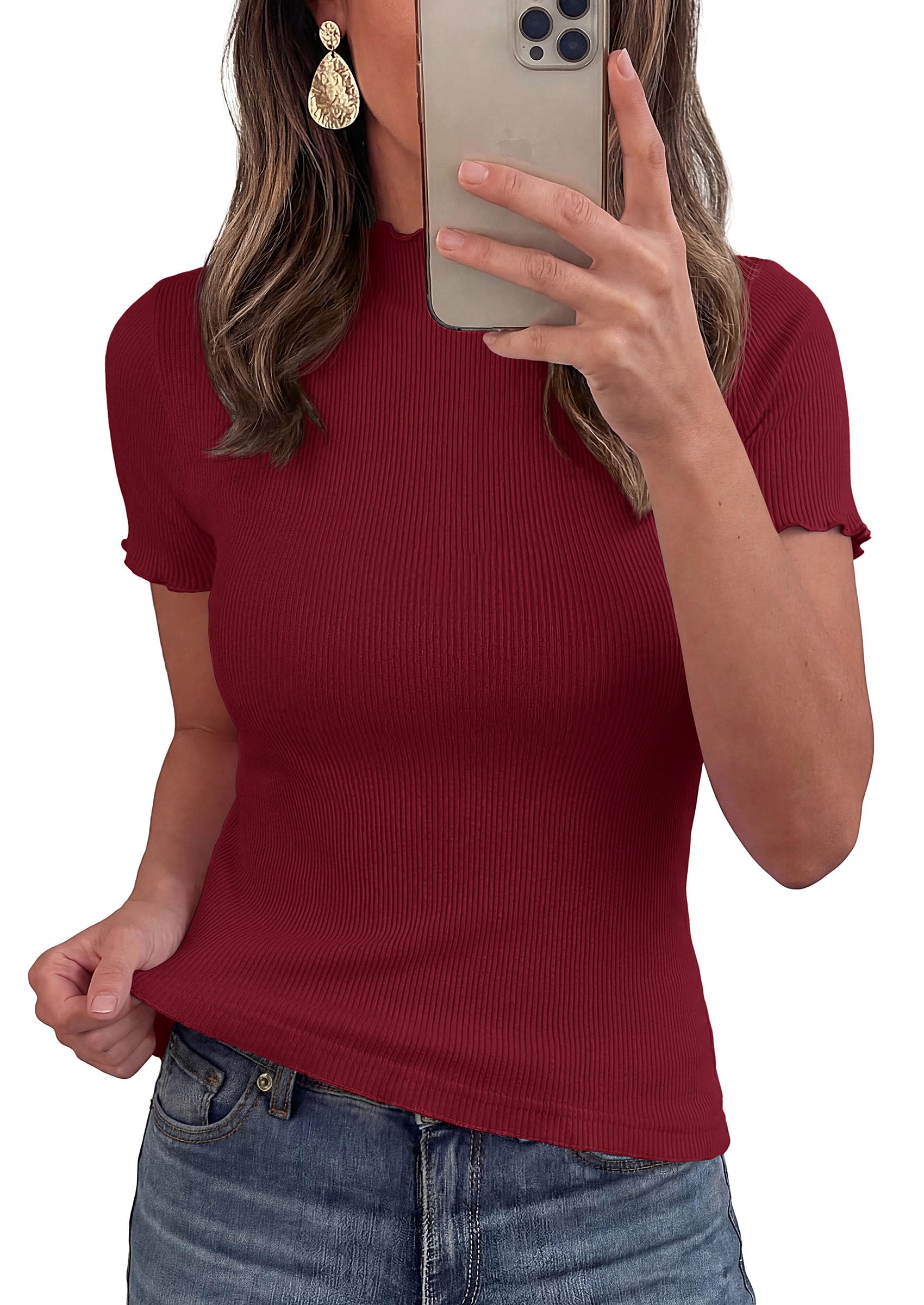 Women's Short Sleeve Ribbed Knit T Shirts, Burgundy,XS