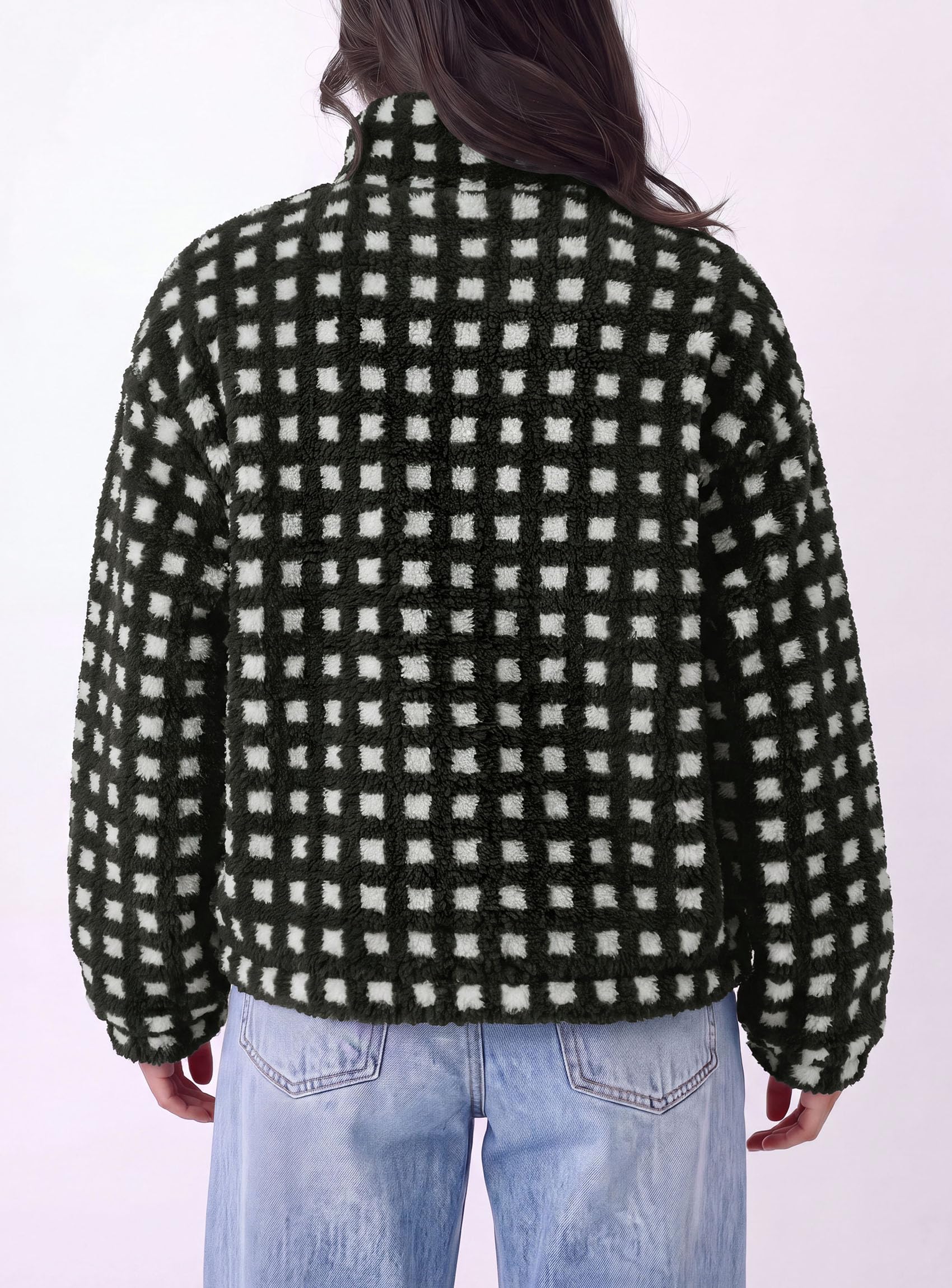 Women's Gingham Sherpa Fleece Jacket Plaid Cropped Teddy Coat