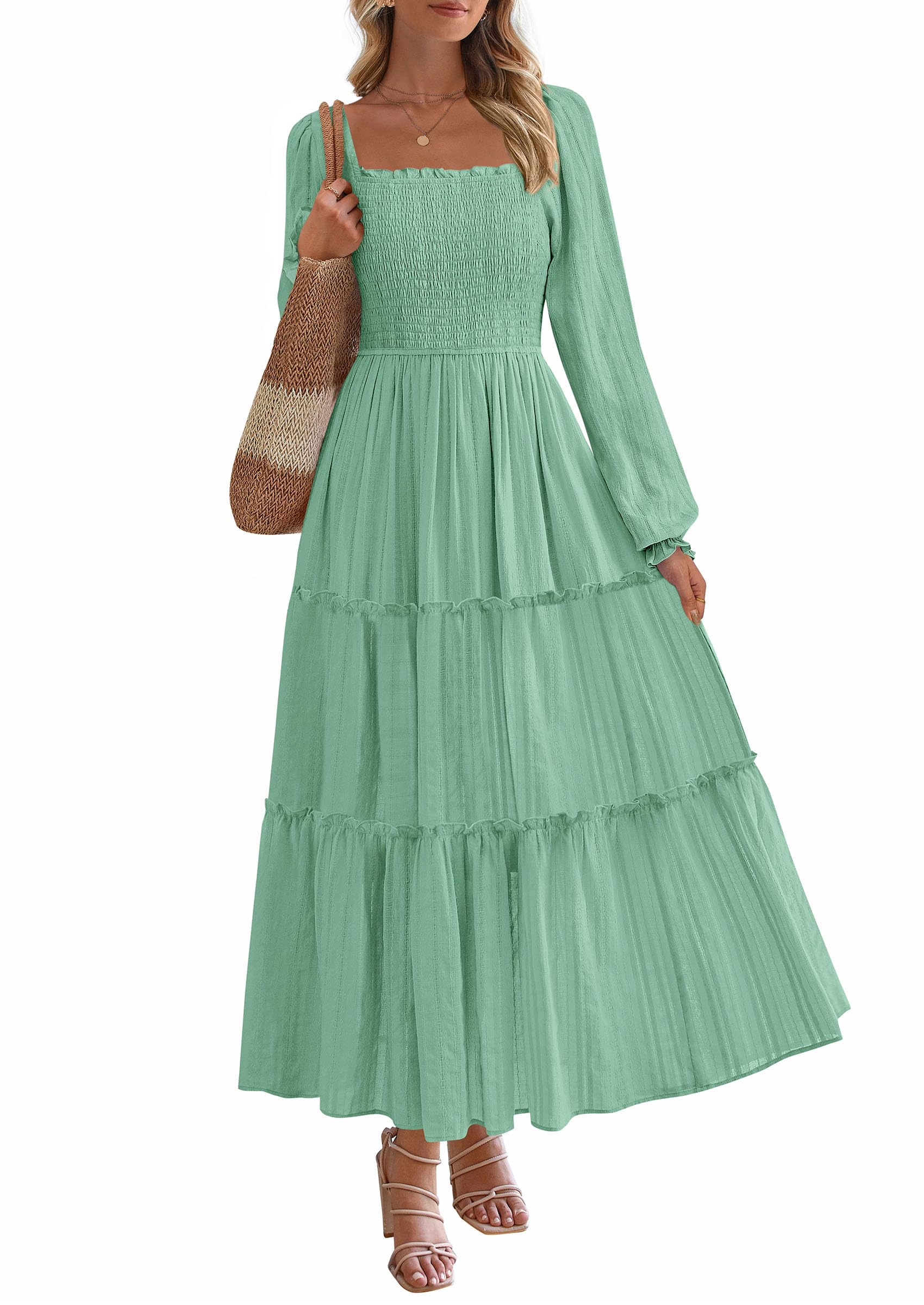 Women's Long Sleeve Ruffle Flowy Maxi Dress,Sage Green,S