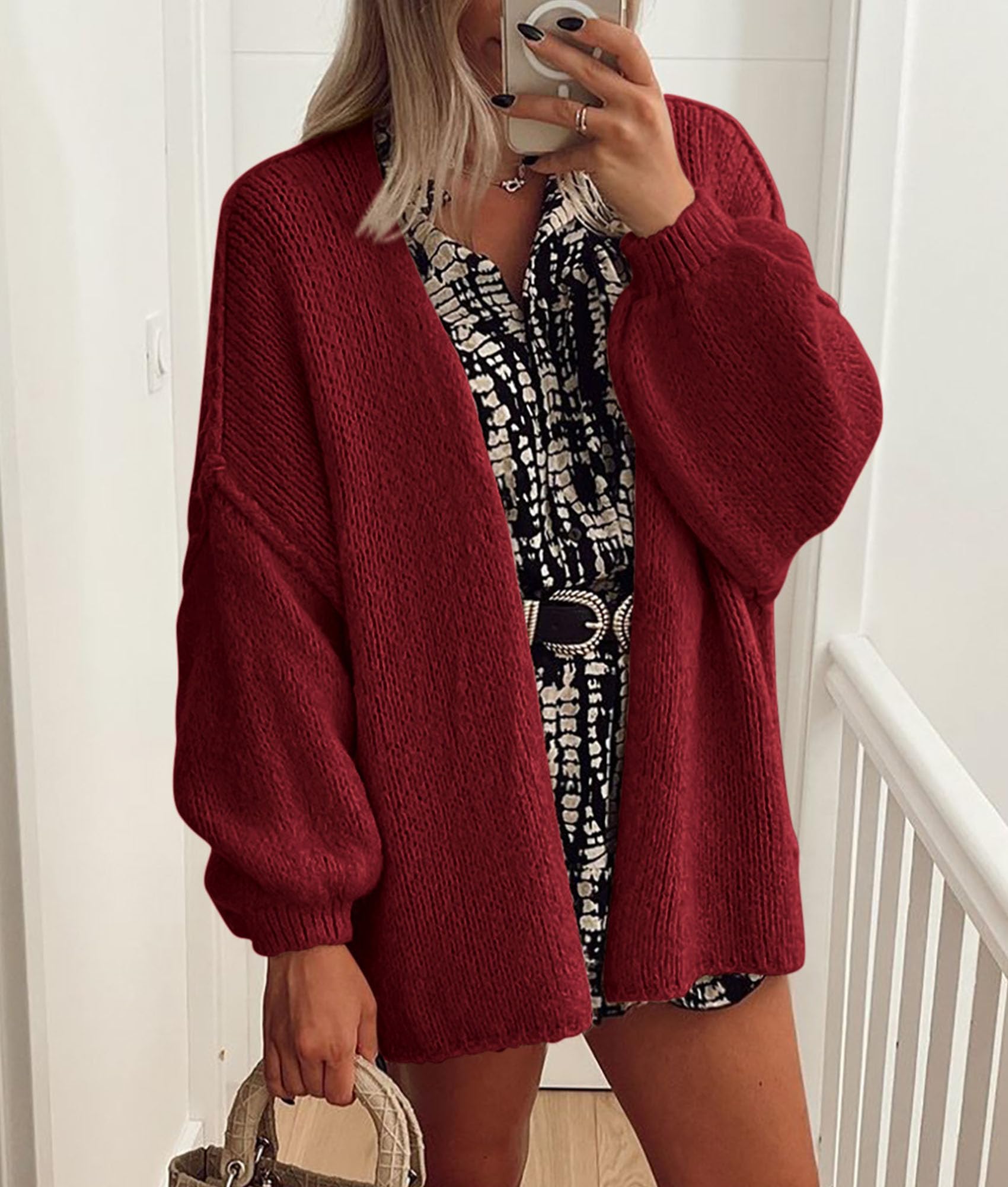 Womens Open Front Oversized Cardigan Sweaters,Wine Red,XS