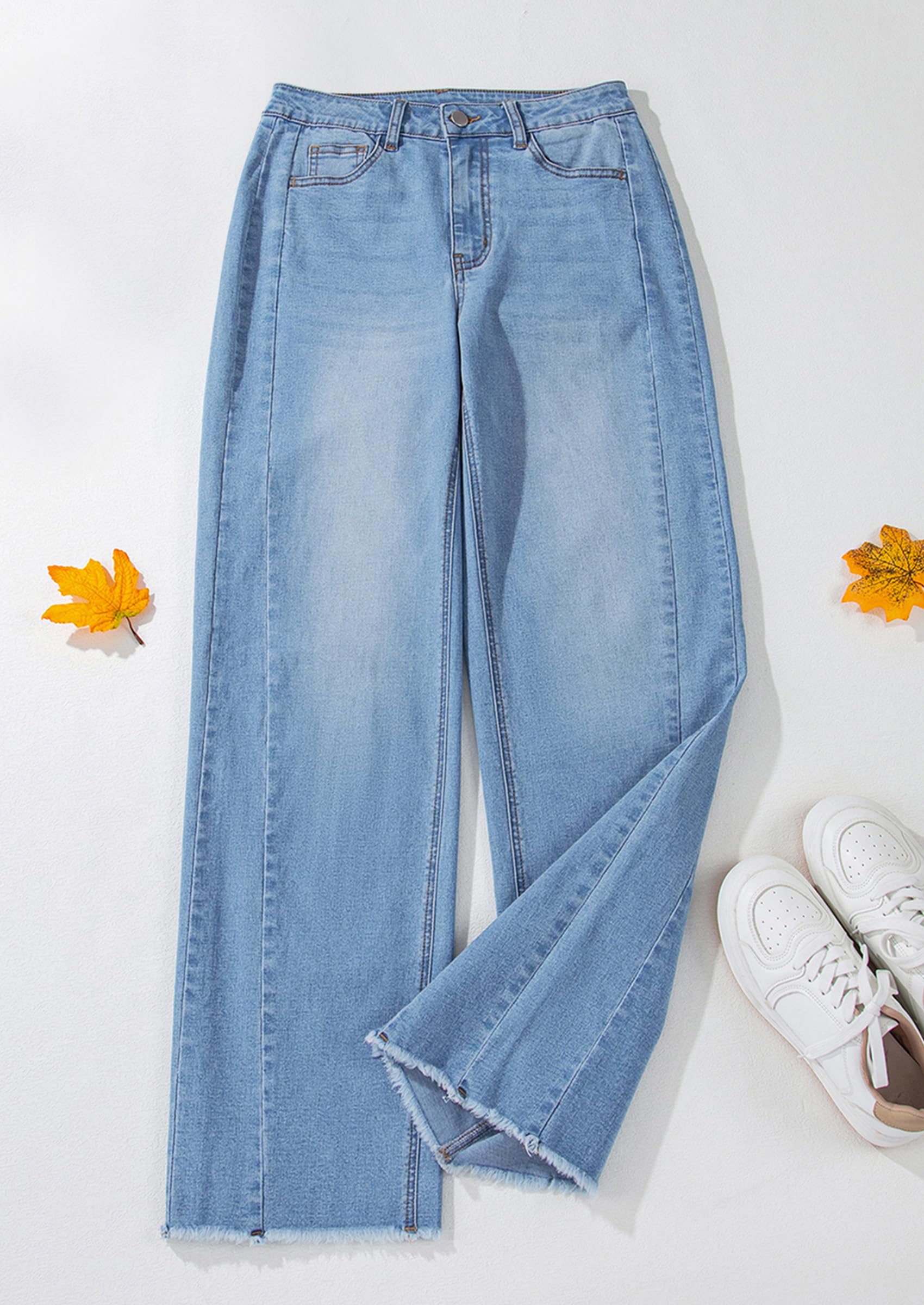 Women's Wide Leg Jeans Raw Hem Denim Pants,Sky Blue,4