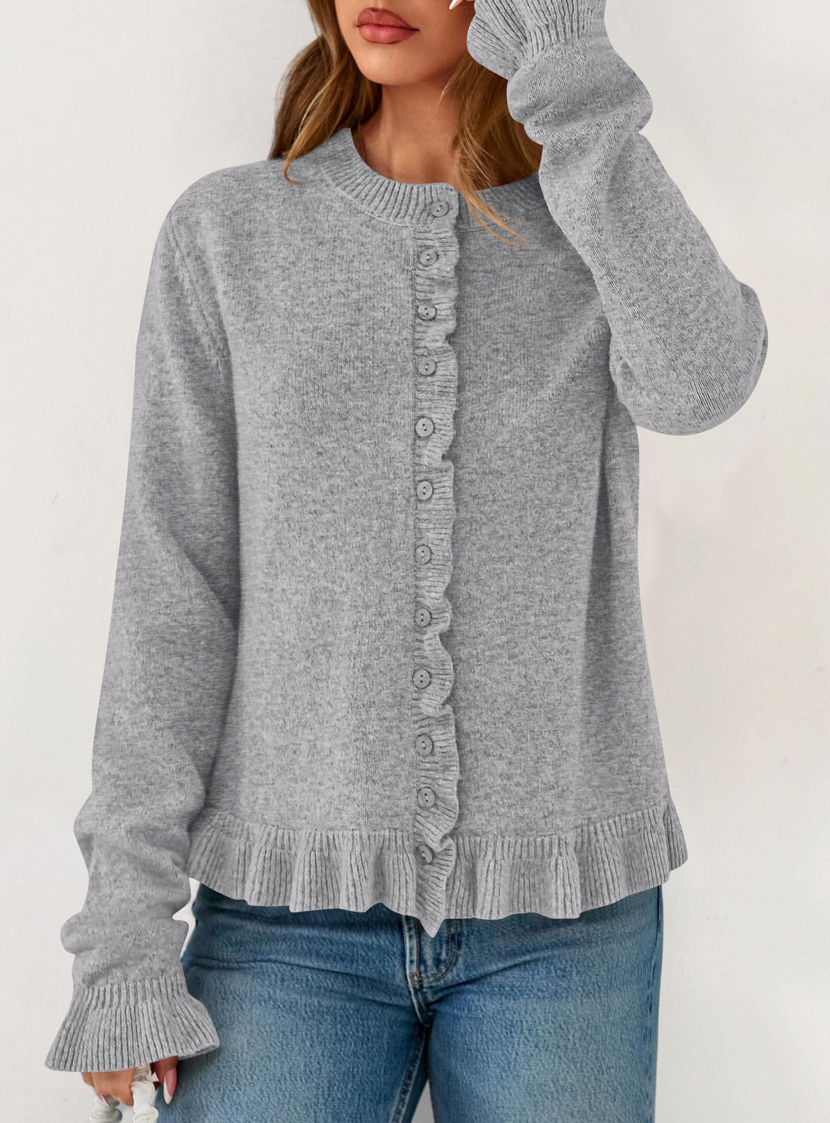 Womens Ruffle Button Down Cardigan Sweaters,Grey,S