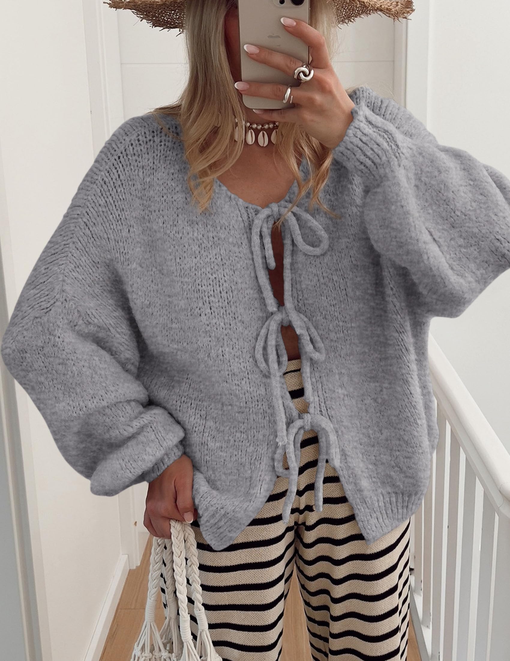 Women's Tie Front Bow Cardigan Sweaters(Grey,Small)