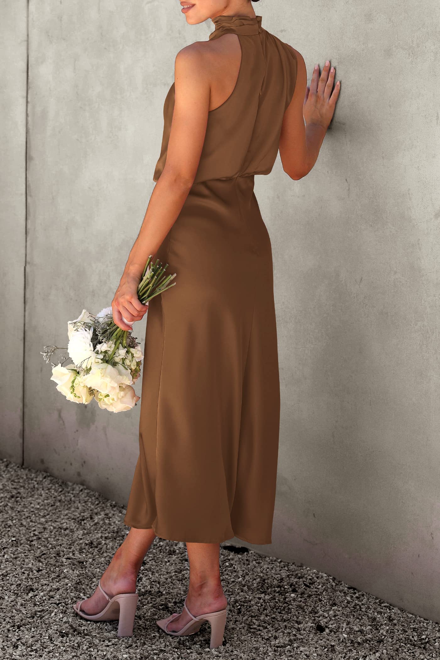 Women's Summer Satin Maxi Cocktail Dress Khaki