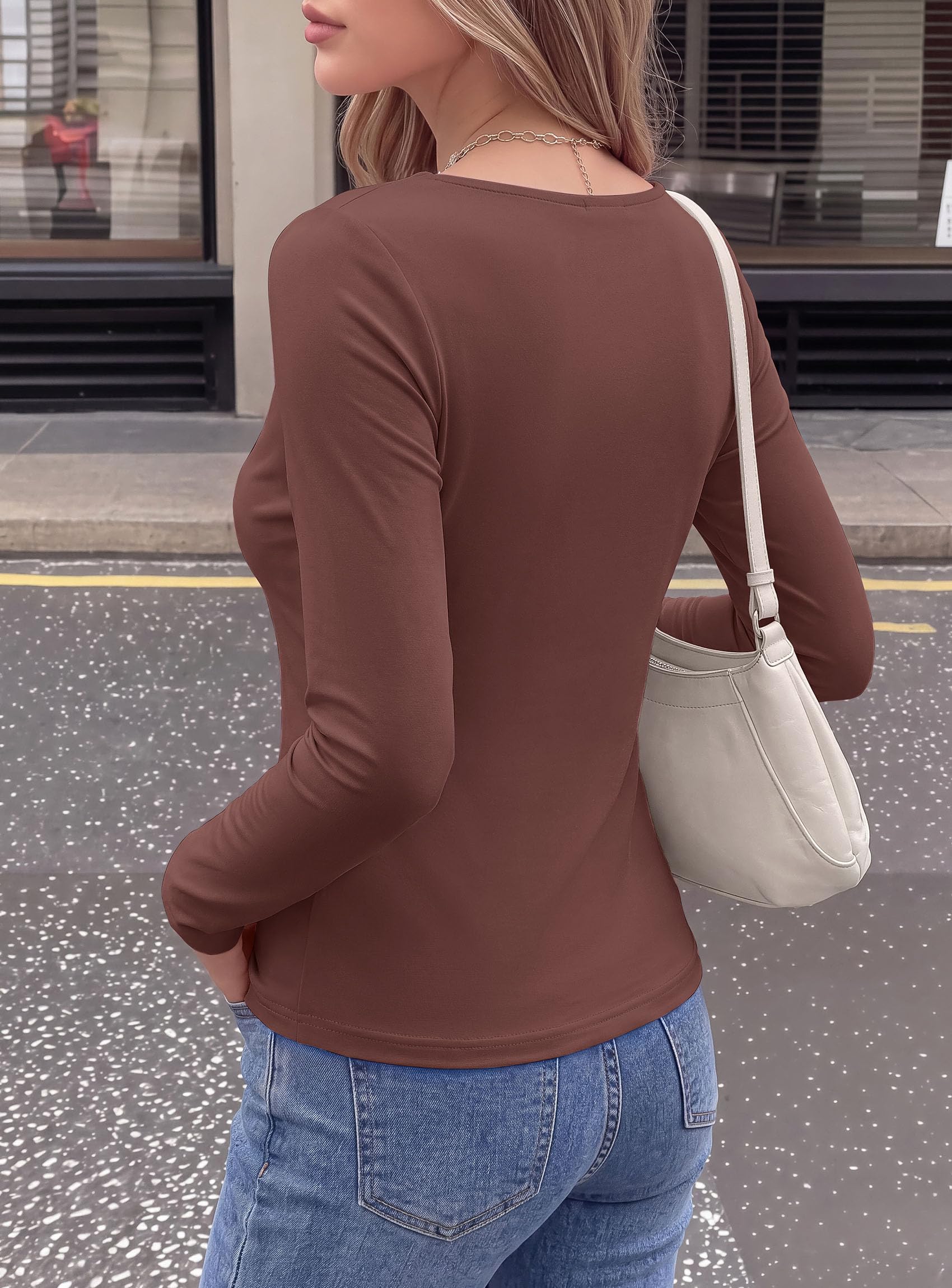 Cowl Neck Tops for Women Fashion Long Sleeve Shirt Brown