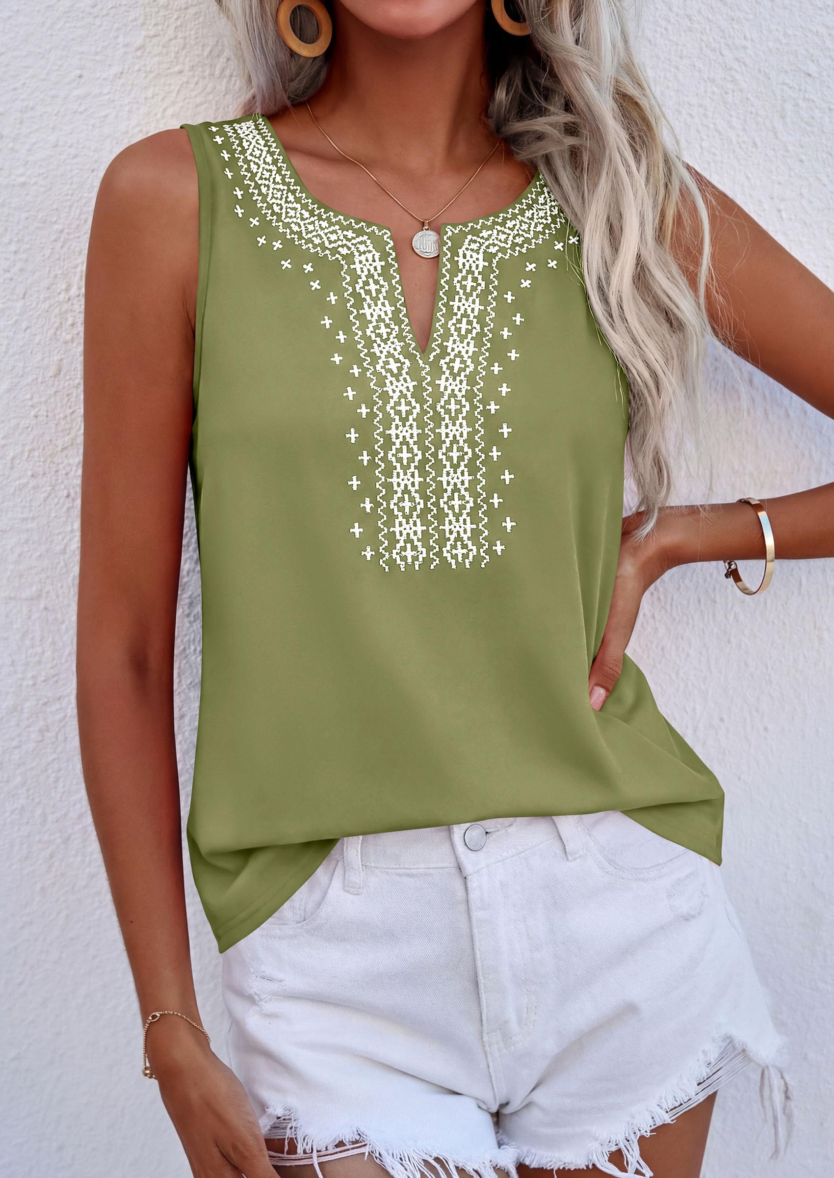 Womens Embroidered Sleeveless Tank Tops Sage Green,S