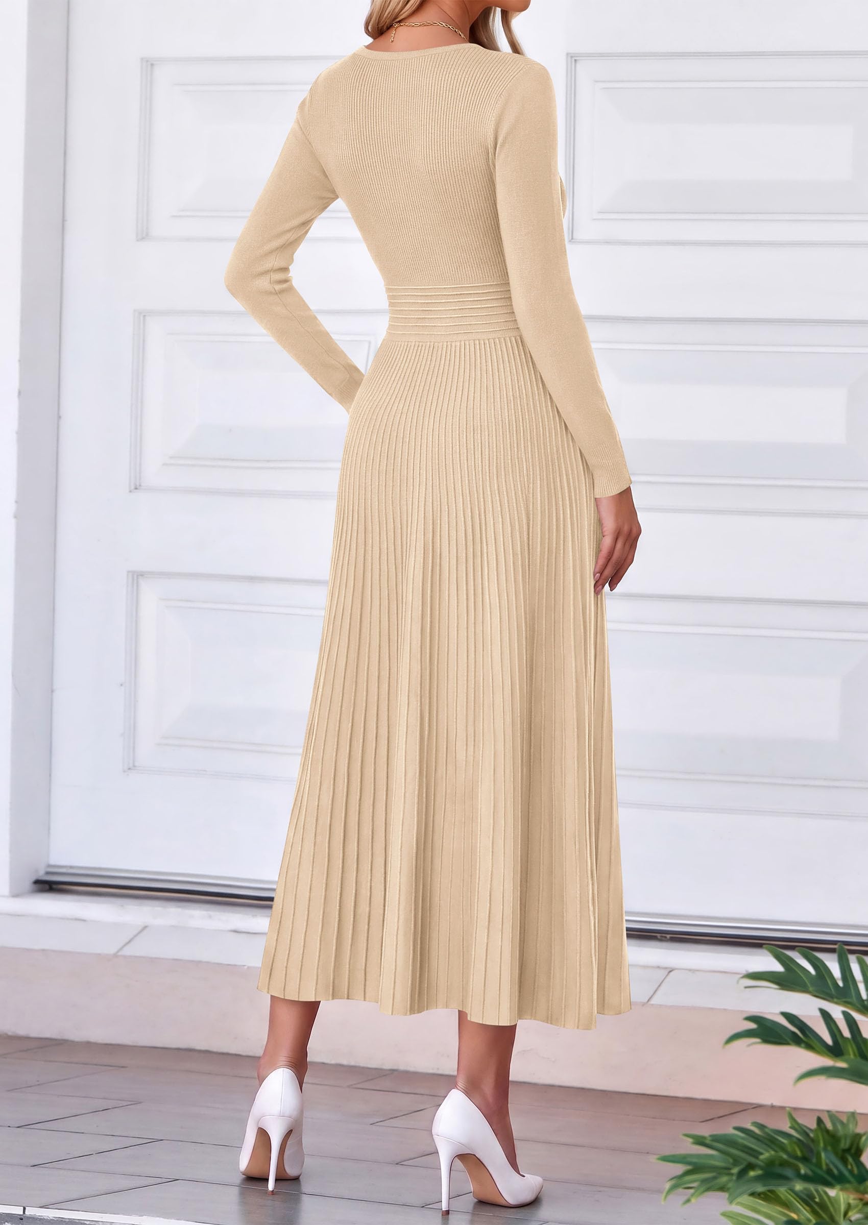 Women's Fall V Neck Pleated Midi Sweater Dress,Apricot,S