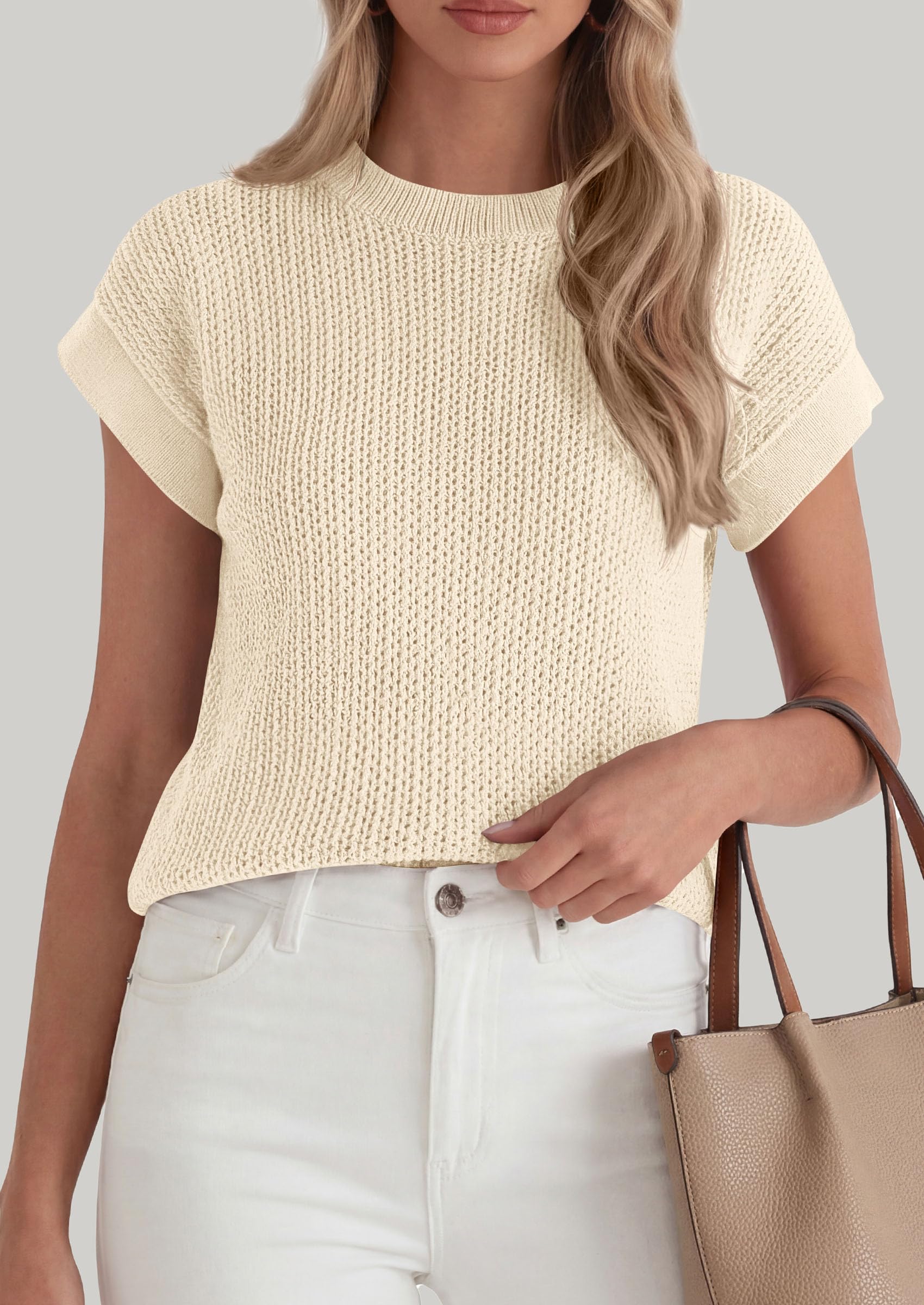 Women's Summer Sweater Vest Crochet Tops (Beige,S)