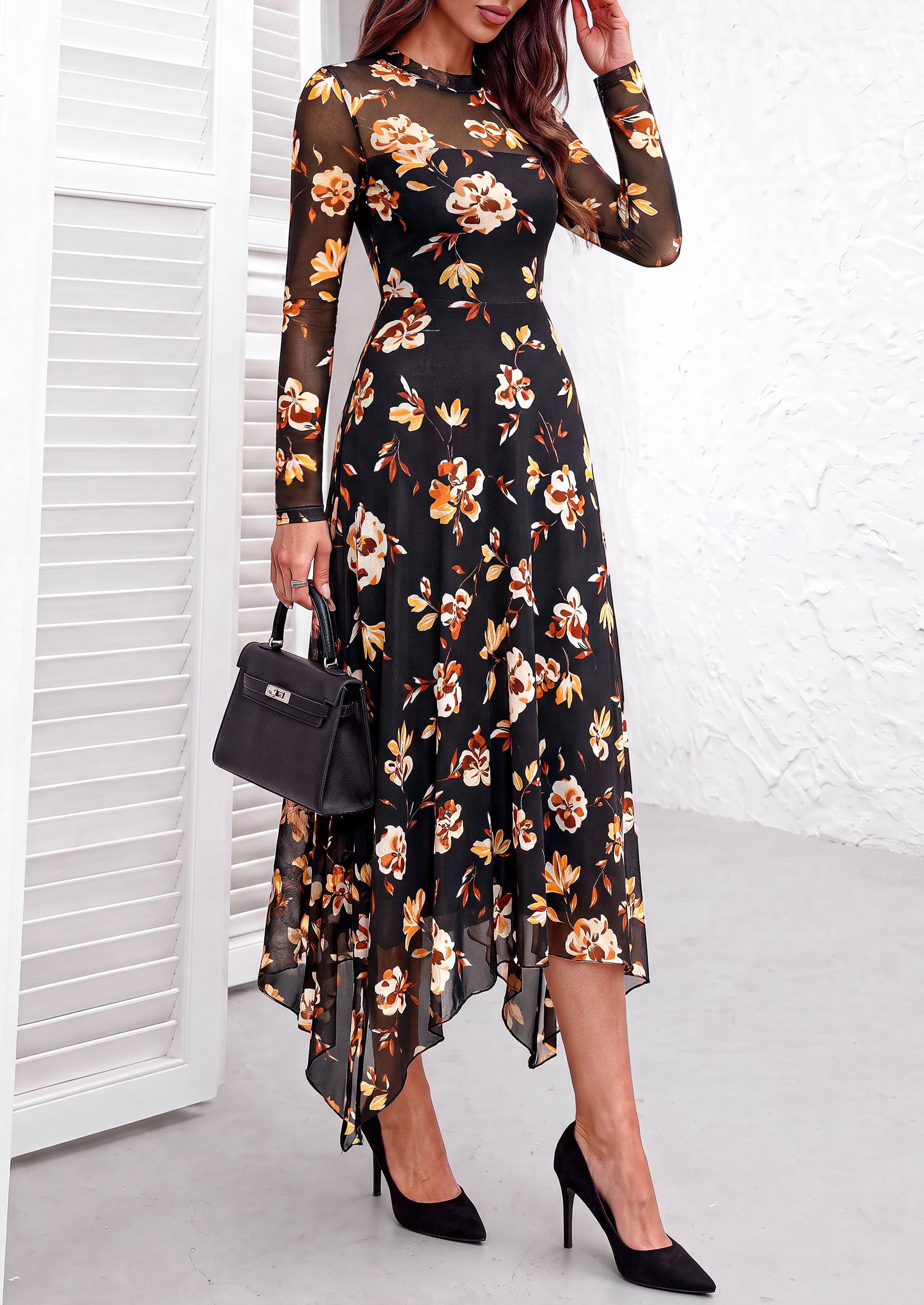 Women's Floral Mesh Midi Dress,Floral Black Yellow White,S