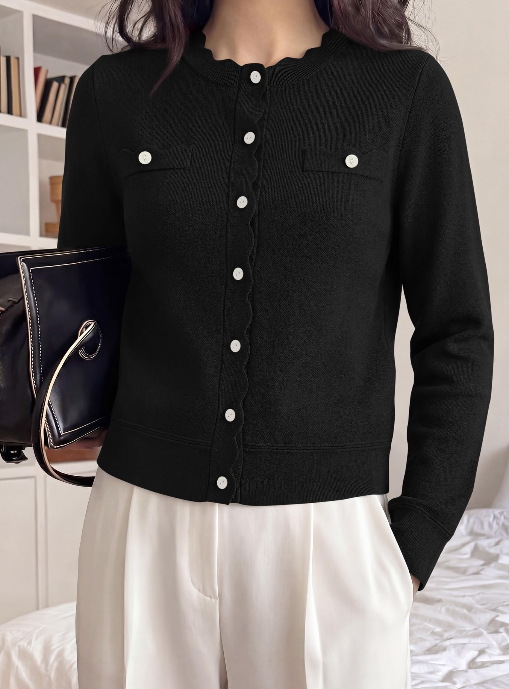 Womens Lightweight Cardigan Sweaters Scalloped Trim Fall Tops