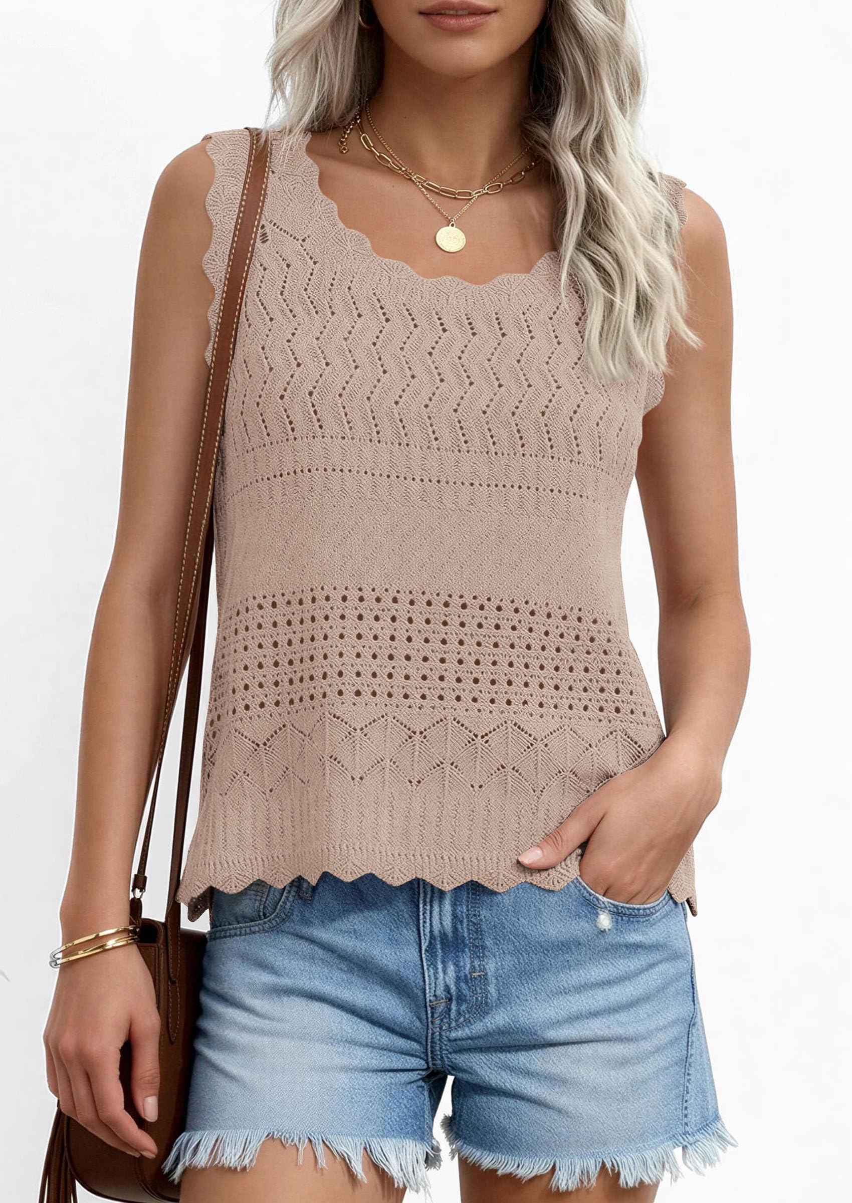 Womens Crochet Tank Tops Knit Sleeveless Vest,Khaki,S