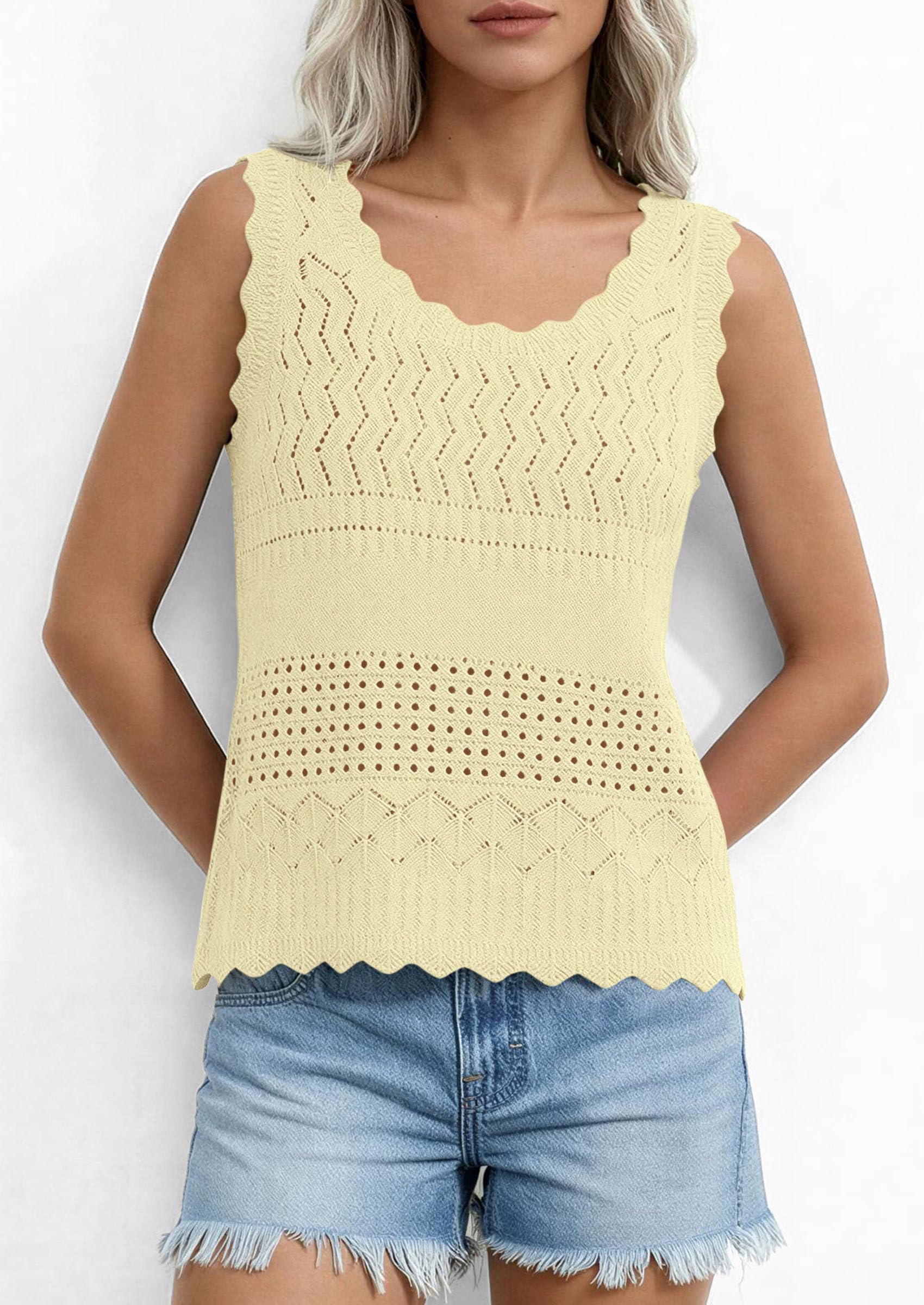 Womens Crochet Tank Tops Knit Sleeveless Vest,Yellow,S