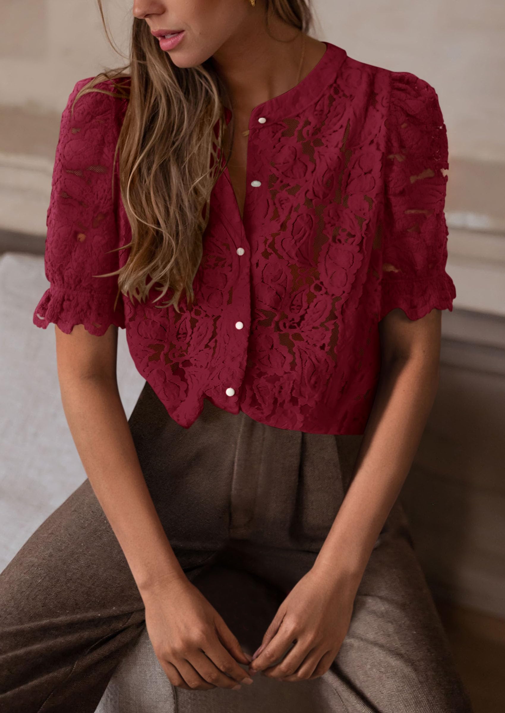 Womens Lace Tops Button Down Short Sleeve Shirts,Wine Red,S