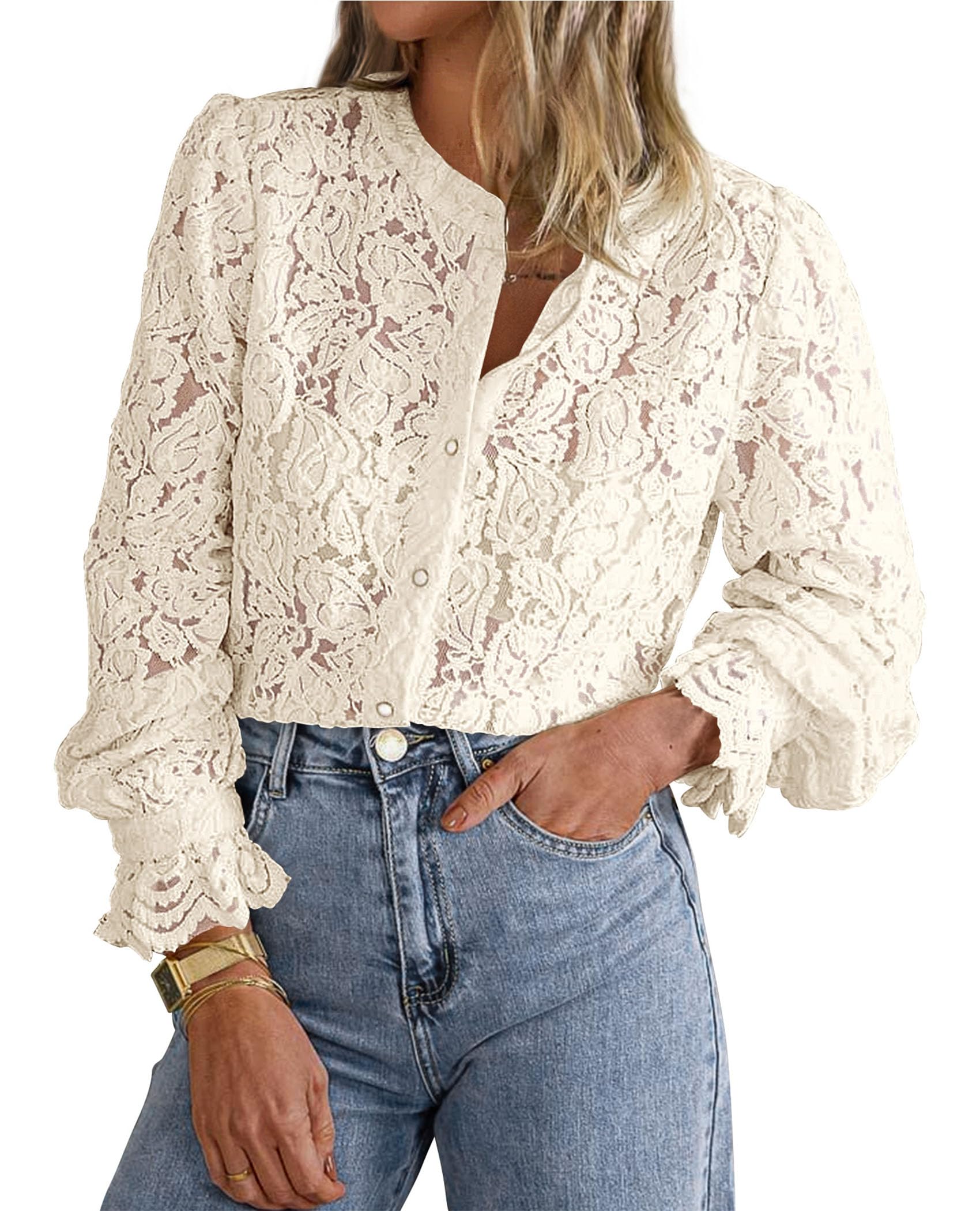 Women's Fall Trendy Long Sleeve Lace Tops(Beige,Medium)