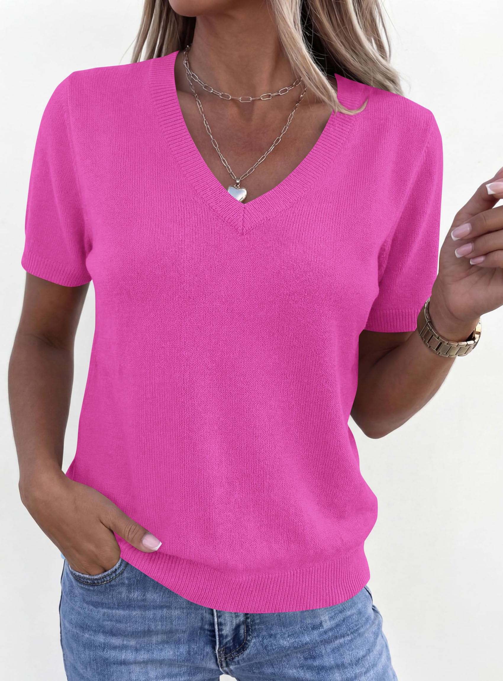 Womens Short Sleeve Sweater V Neck Tops,Rose Red,S
