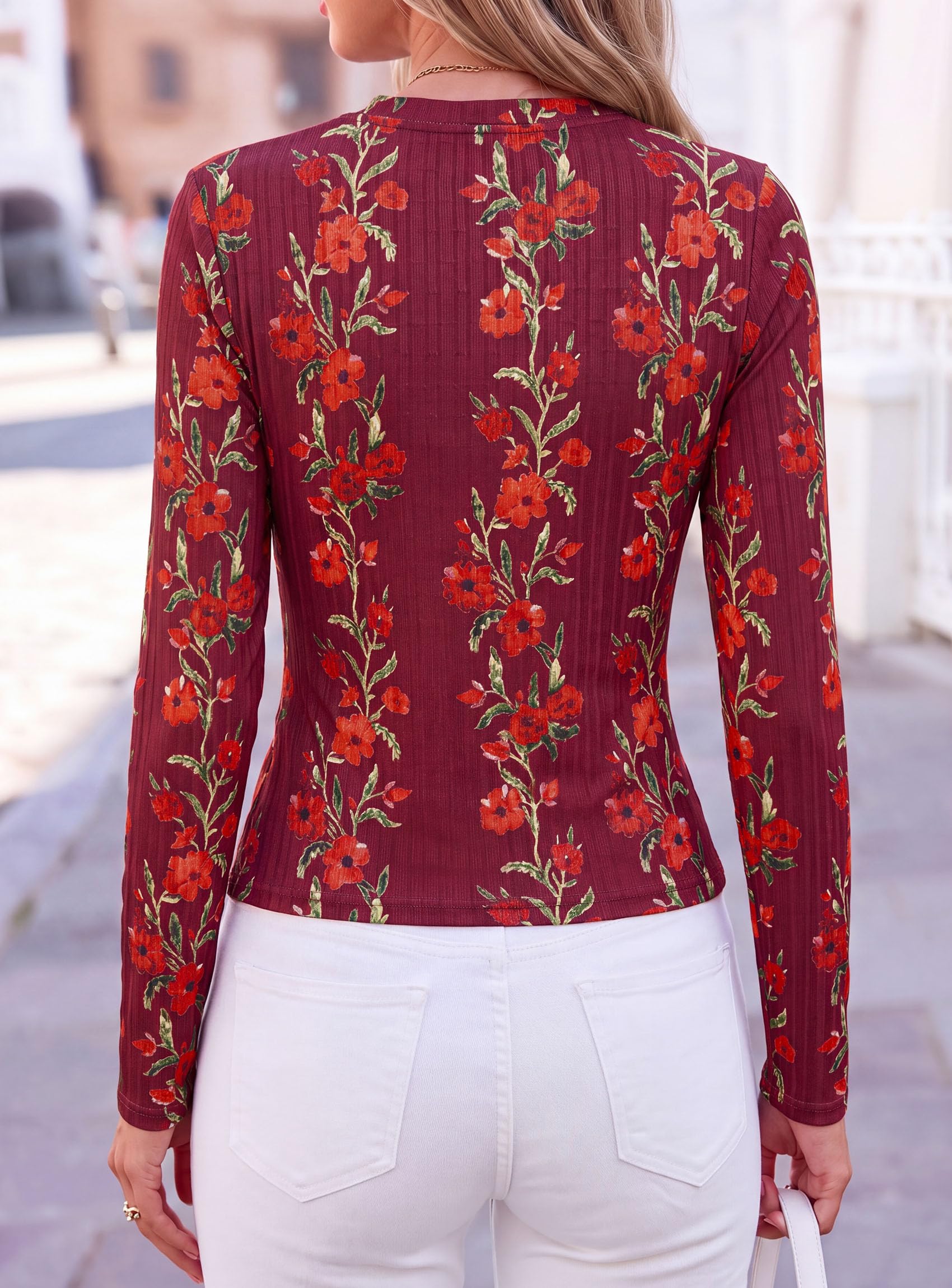 Womens Long Sleeve Shirts Floral Y2K Tops,Wine Red,XS