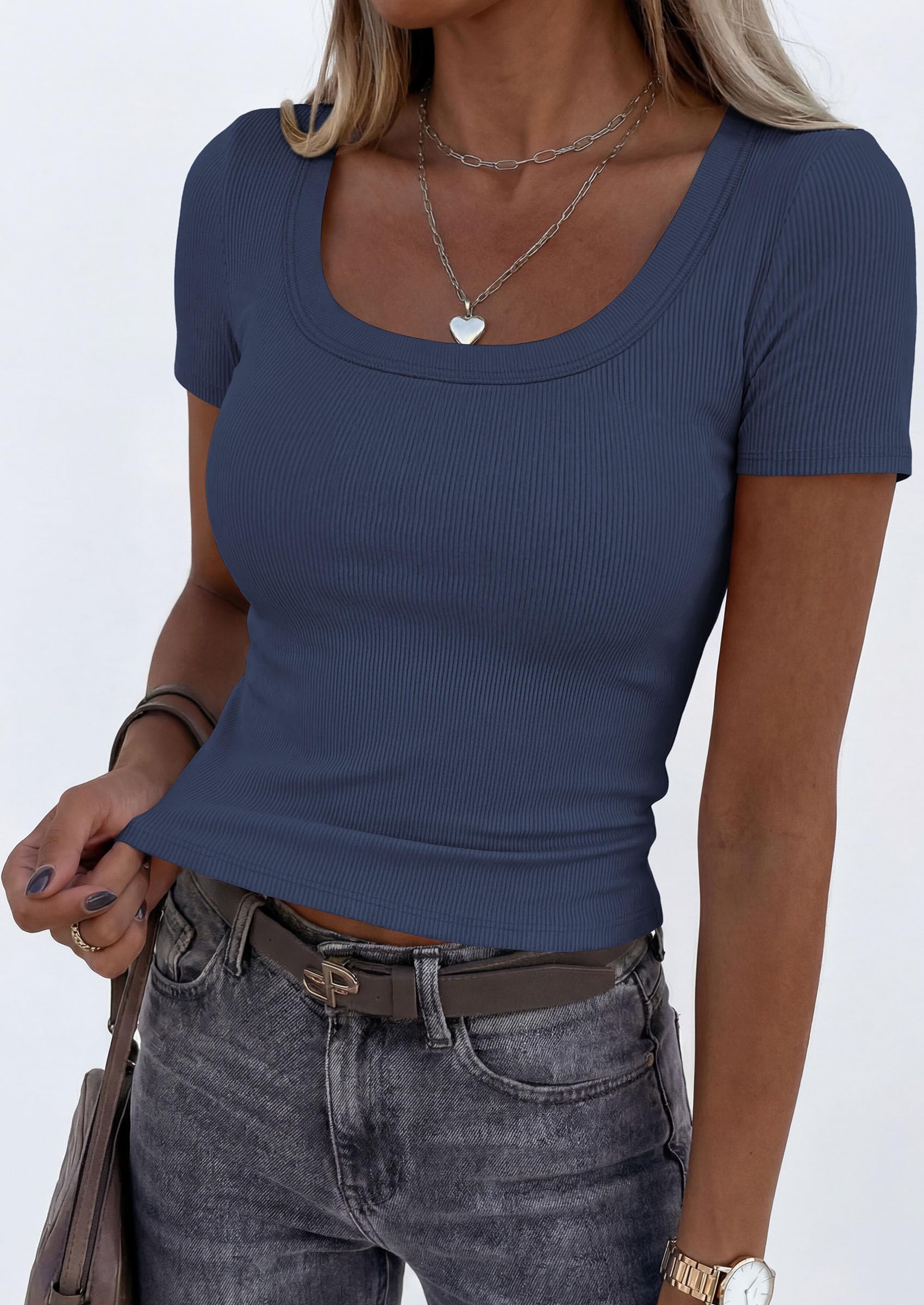 Womens Summer Short Sleeve Scoop Neck Tops,Dark Blue,M