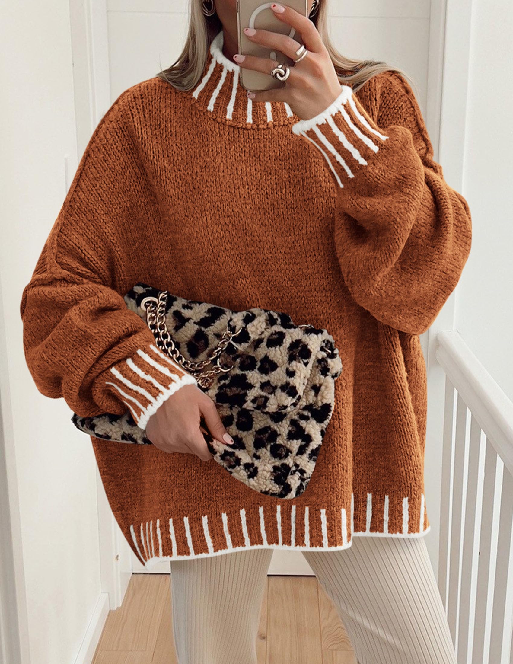 Women's Mock Neck Oversized Pullover Sweaters,Brick Red,XS