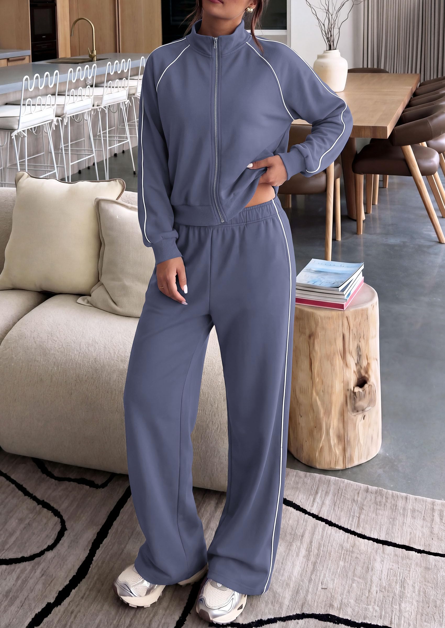 Women's 2 Piece Sweat Set Casual Fall Outfits,Grey Blue,S