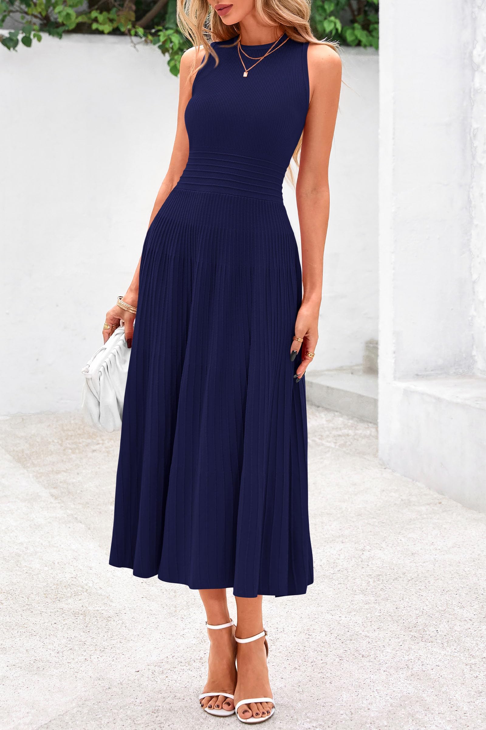 Women's Summer Pleated Midi Work Dress,Navy,S