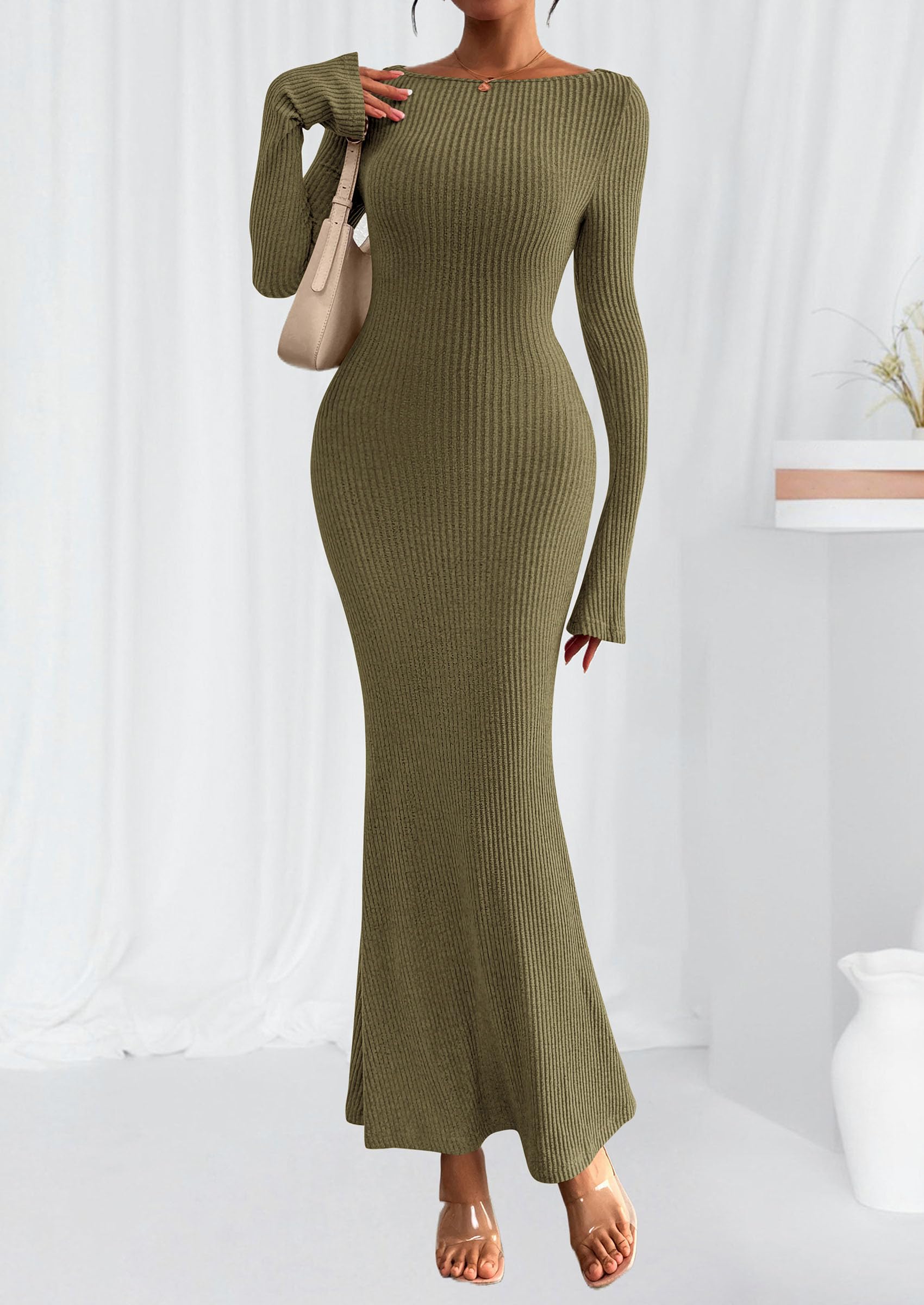 Women's Fall Long Sleeve Bodycon Maxi Dresses (Army Green,XS)
