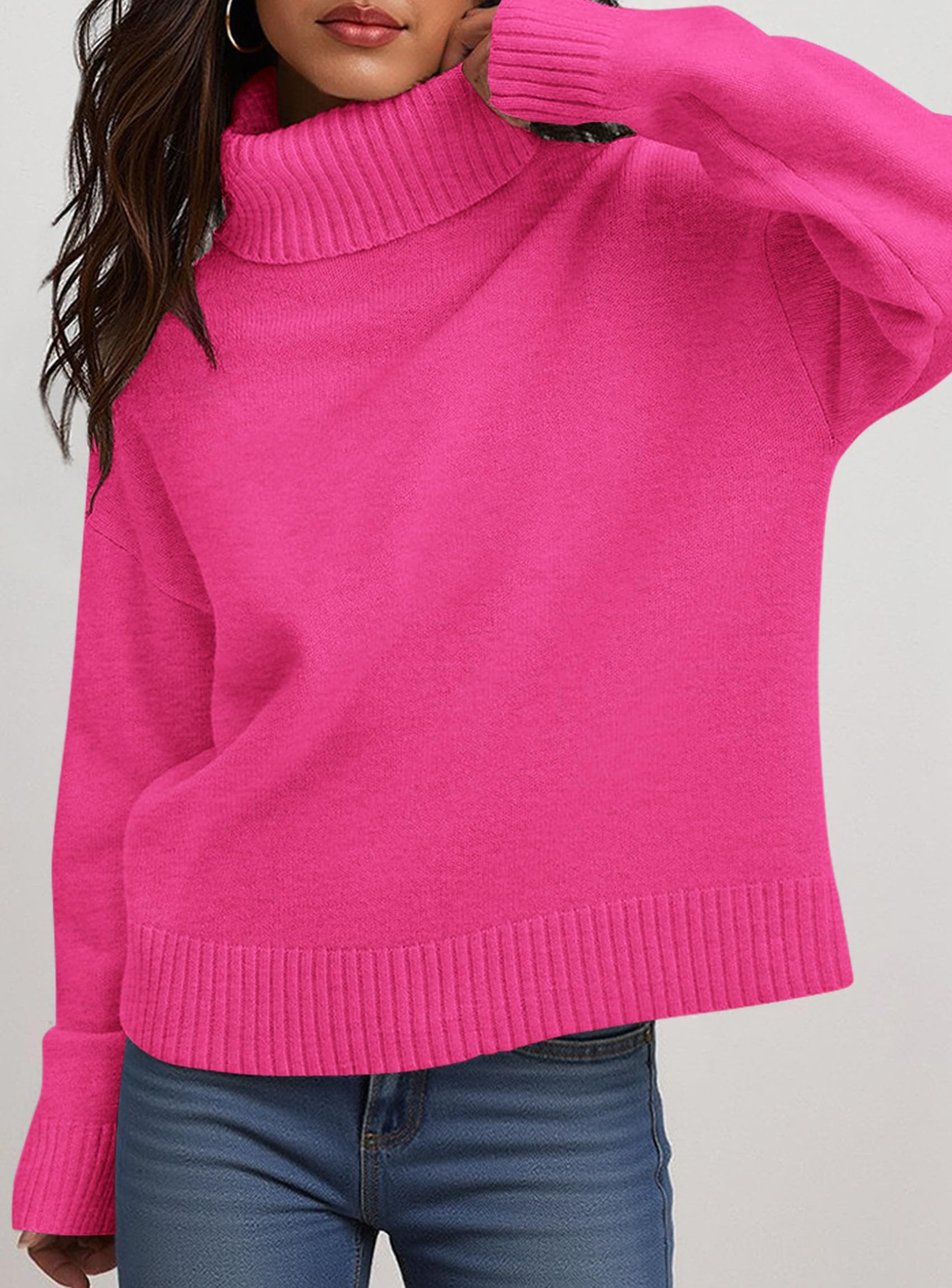 Womens Turtleneck Long Sleeve Knit Sweater,Rose Red,S
