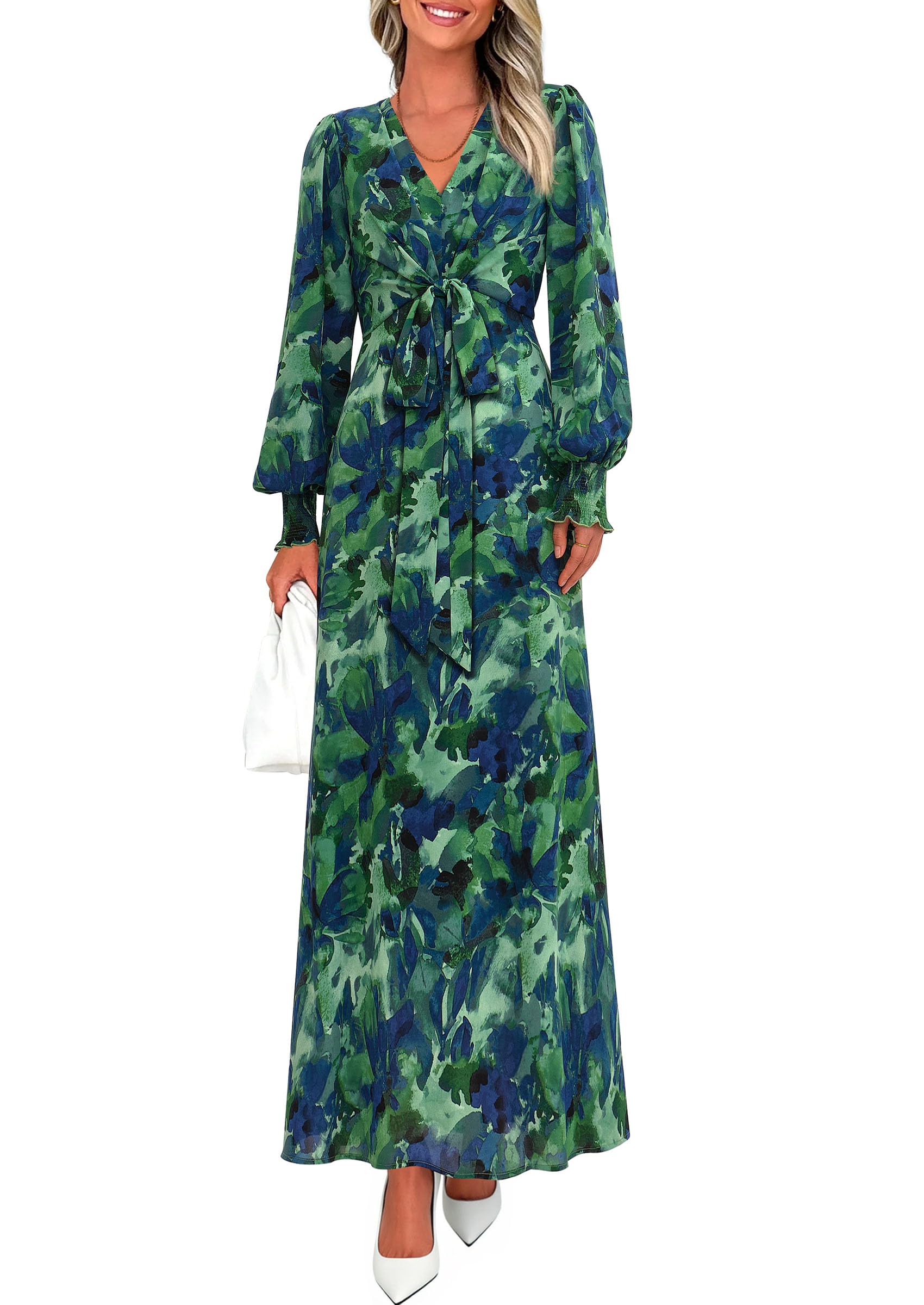 Women's Tie Waist Floral Maxi Dress,Floral Green,XL