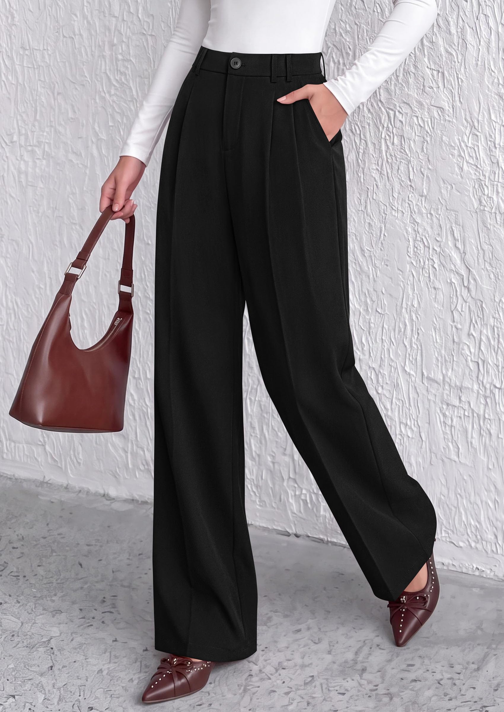Women's Dress Pants Wide Leg Flowy Trousers,Black,S