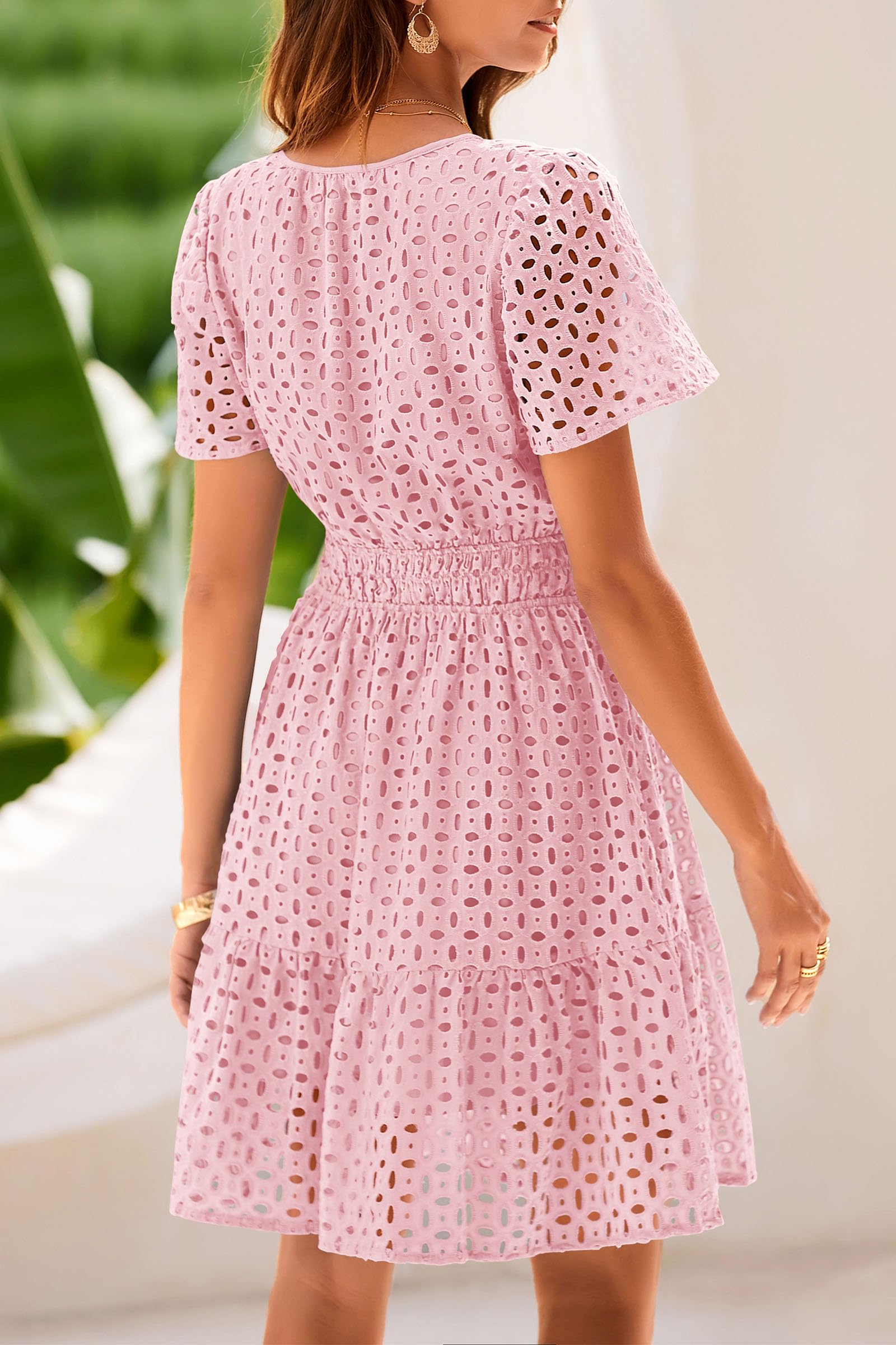Womens 2025 Summer Short Dress V Neck Short Sleeve A Line Hollow Out Lace Ruffle Cute Casual Beach Party Dresses (Pink,Small)