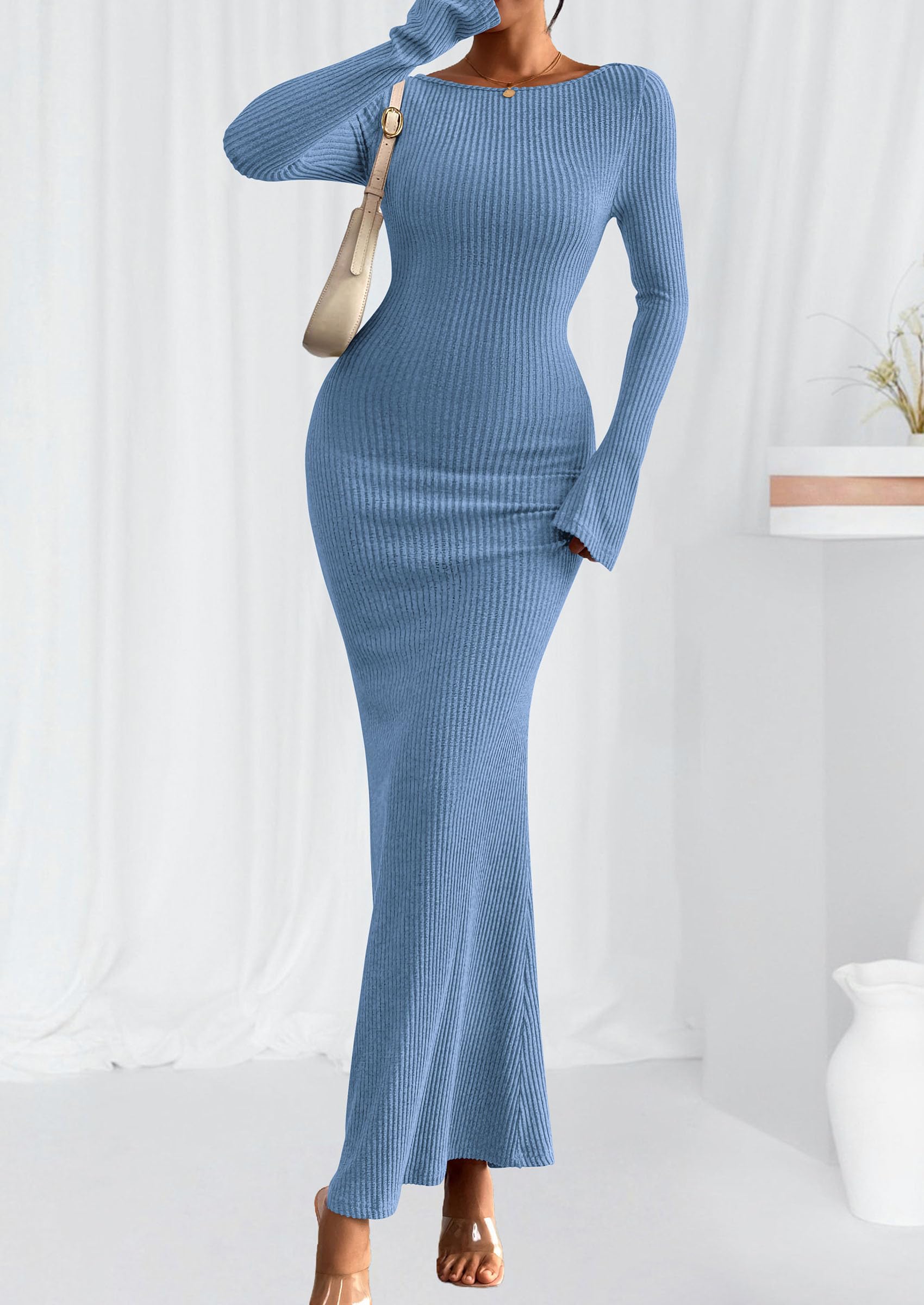 Women's Fall Long Sleeve Bodycon Maxi Dresses (Lake Blue,XS)
