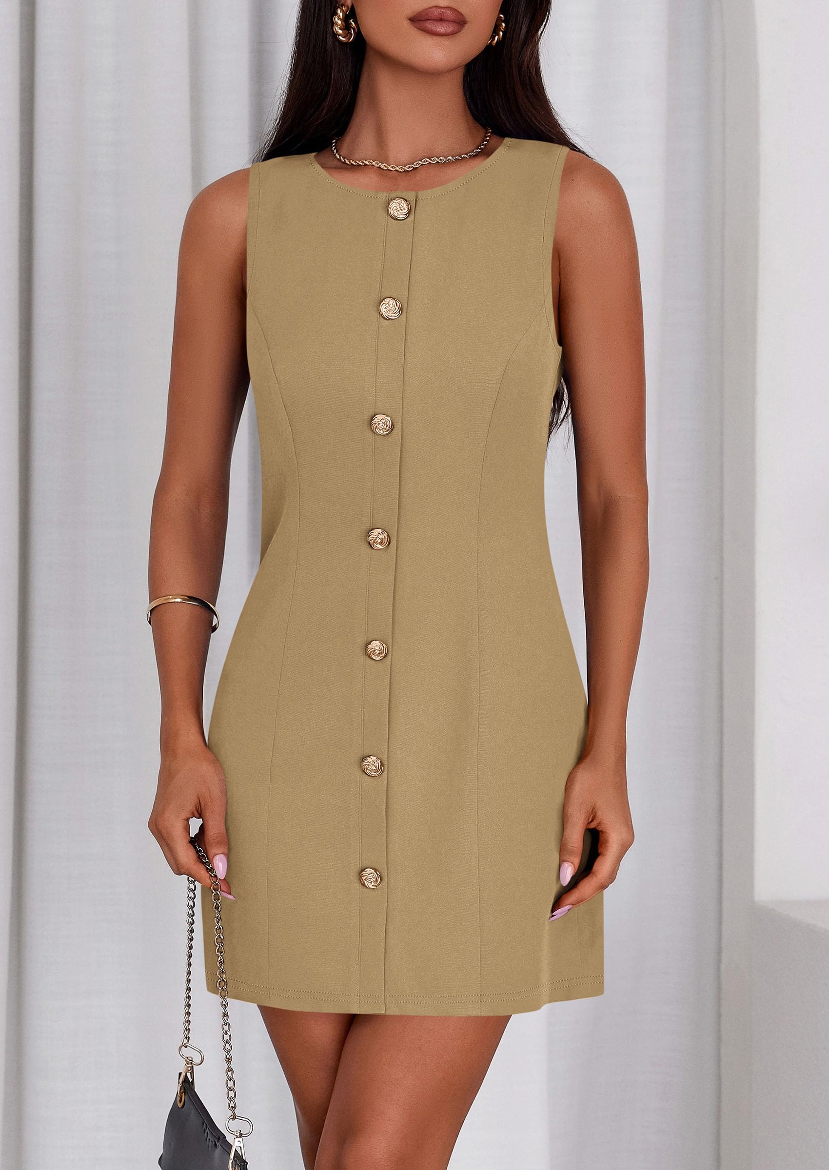 Women Business Casual Cocktail Work Short Dress,Khaki,S