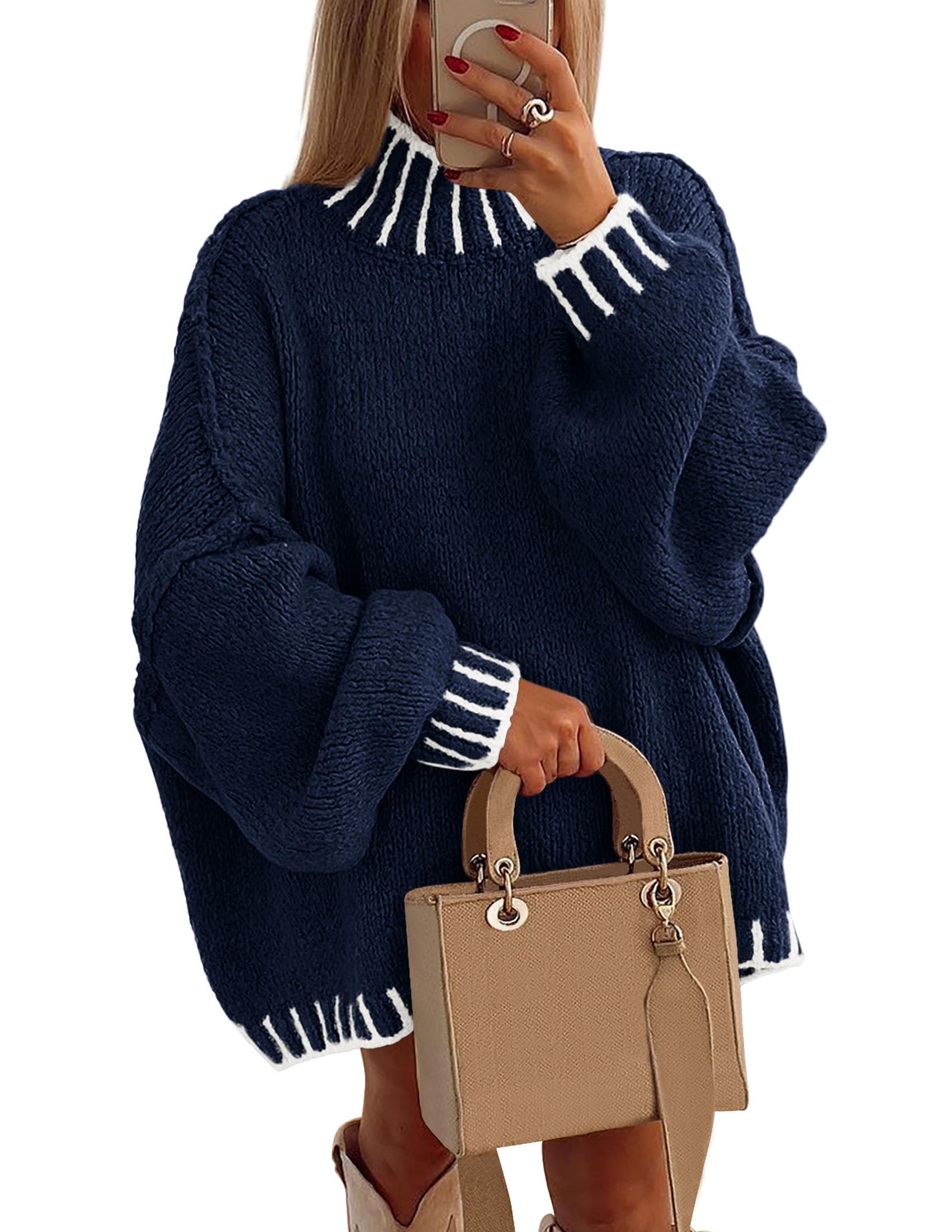 Women's Mock Neck Oversized Pullover Sweaters,Navy Blue,XS
