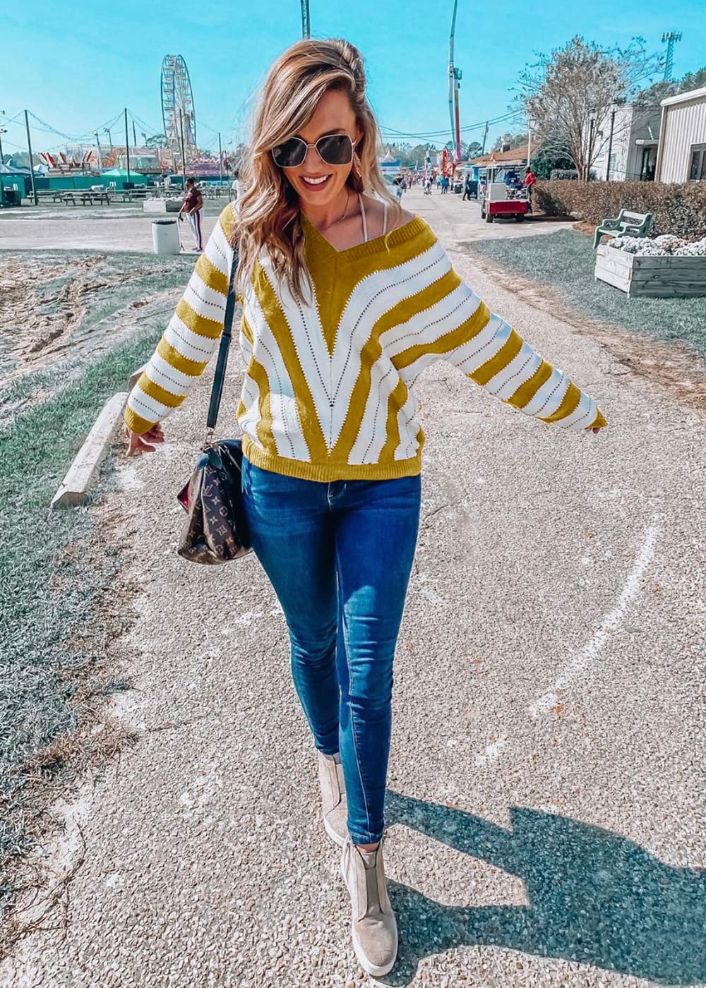 Women's V Neck Striped Knit Pullover Sweater