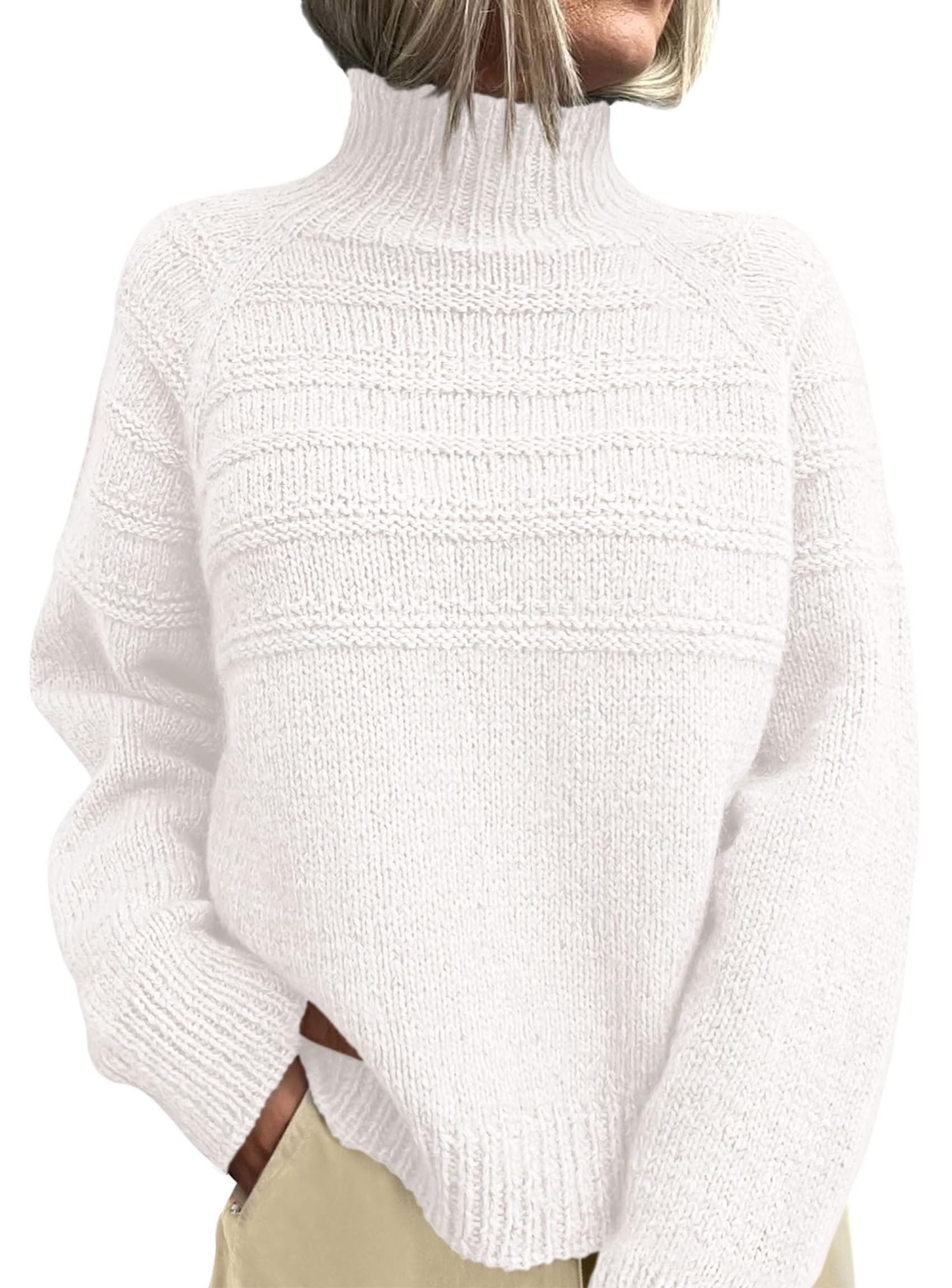 Women's Chunky Knit Mock Neck Pullover Sweaters,White,S