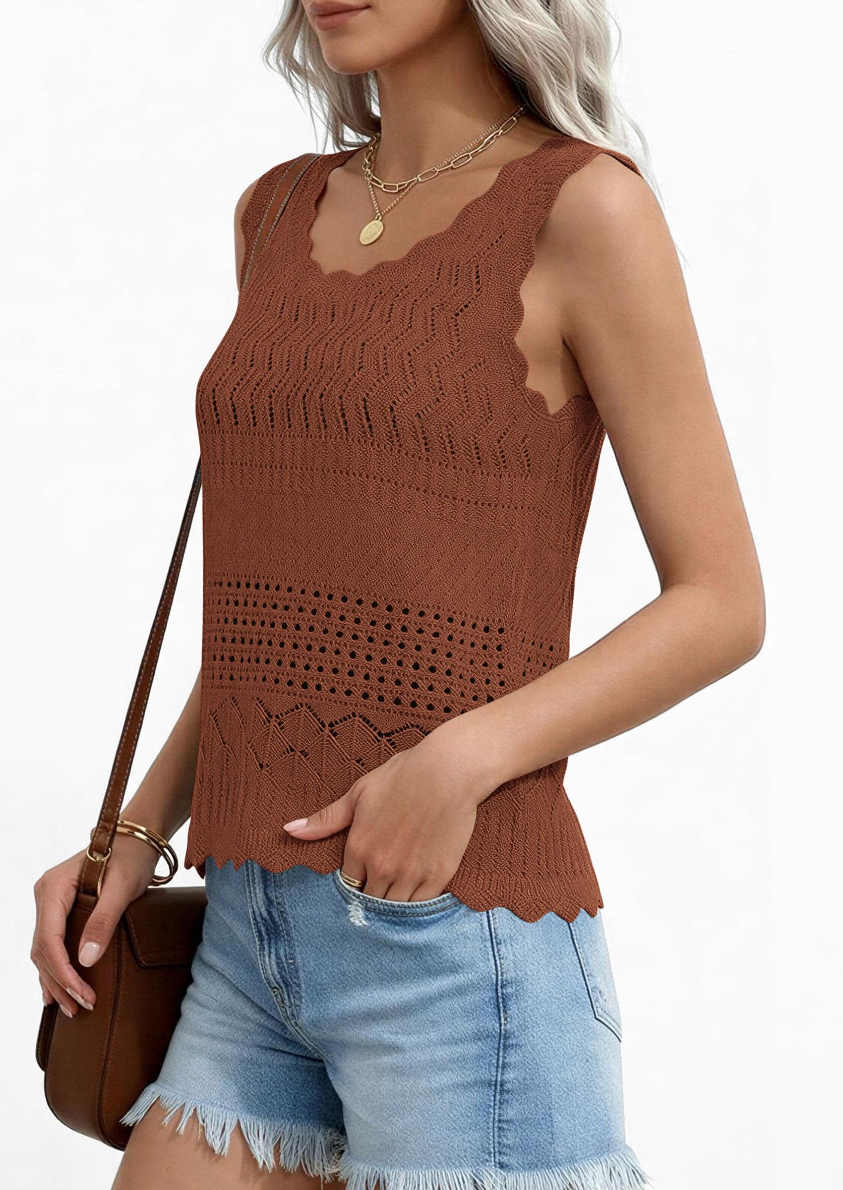 Womens Crochet Tank Tops Knit Sleeveless Vest,Camel,S