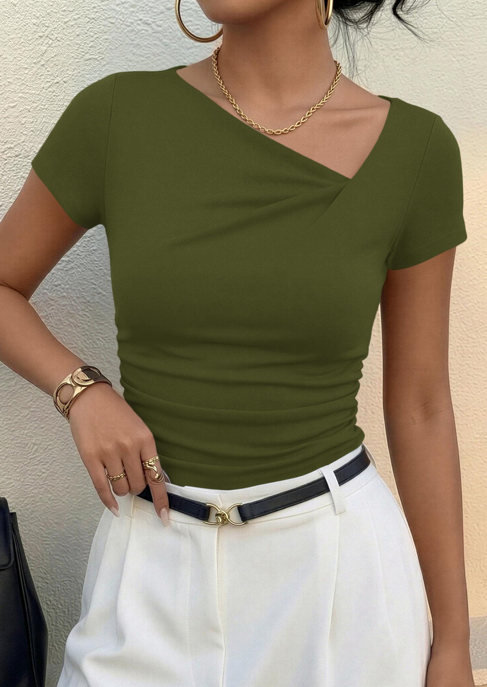 Women's Summer Trendy Asymmetrical Y2K Tops (Army Green,S)