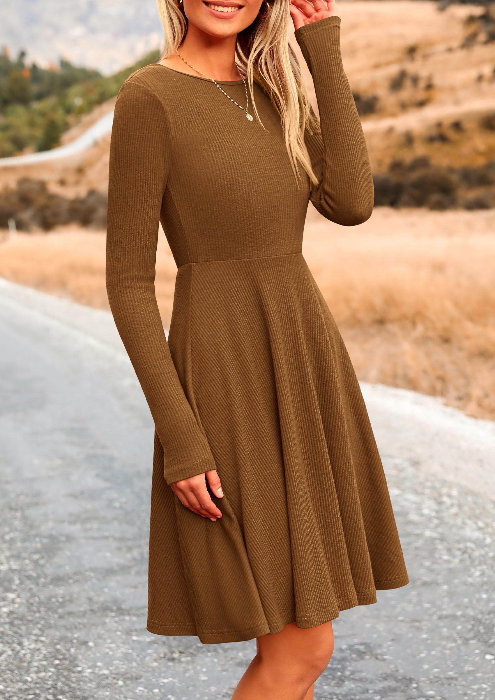 Women's Fall Casual Long Sleeve Short Dress (Brown,S)