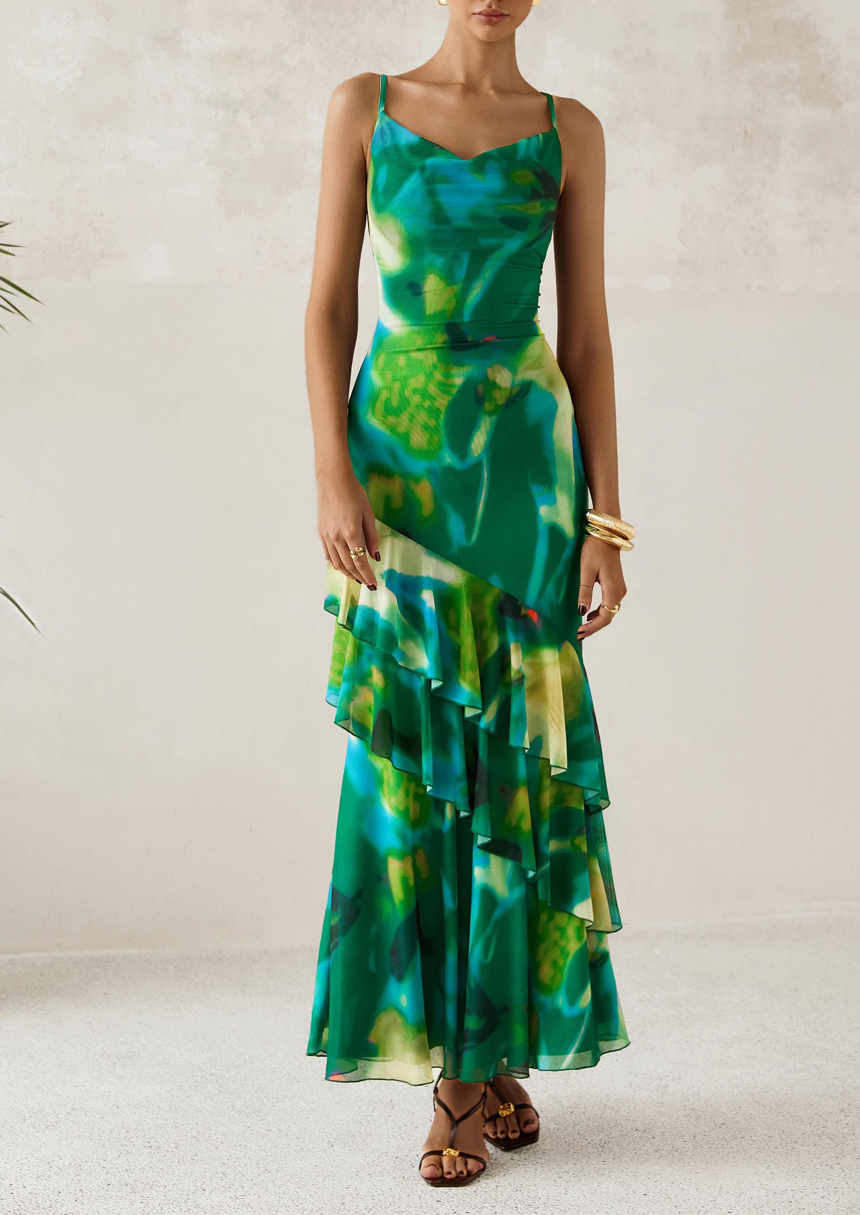 Women's Boho Floral Tiered Maxi Dress, Print Green,XS
