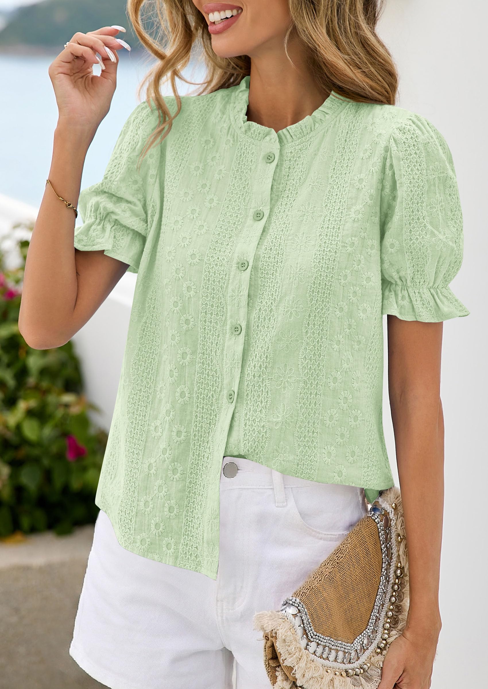 Womens Embroidered Puff Short Sleeve Tops,Light Green,S