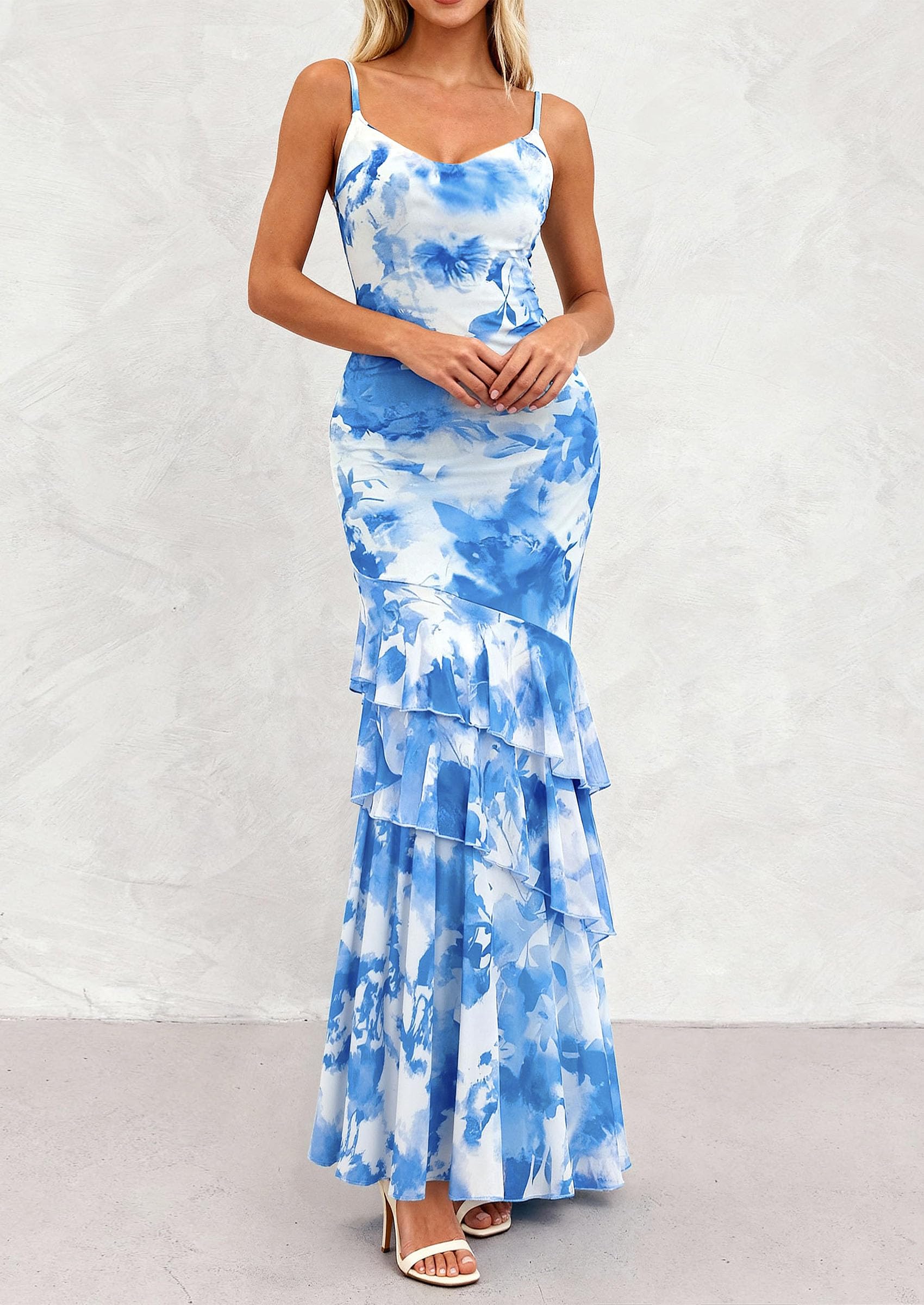 Women's Boho Floral Tiered Maxi Dress, Blue,XS