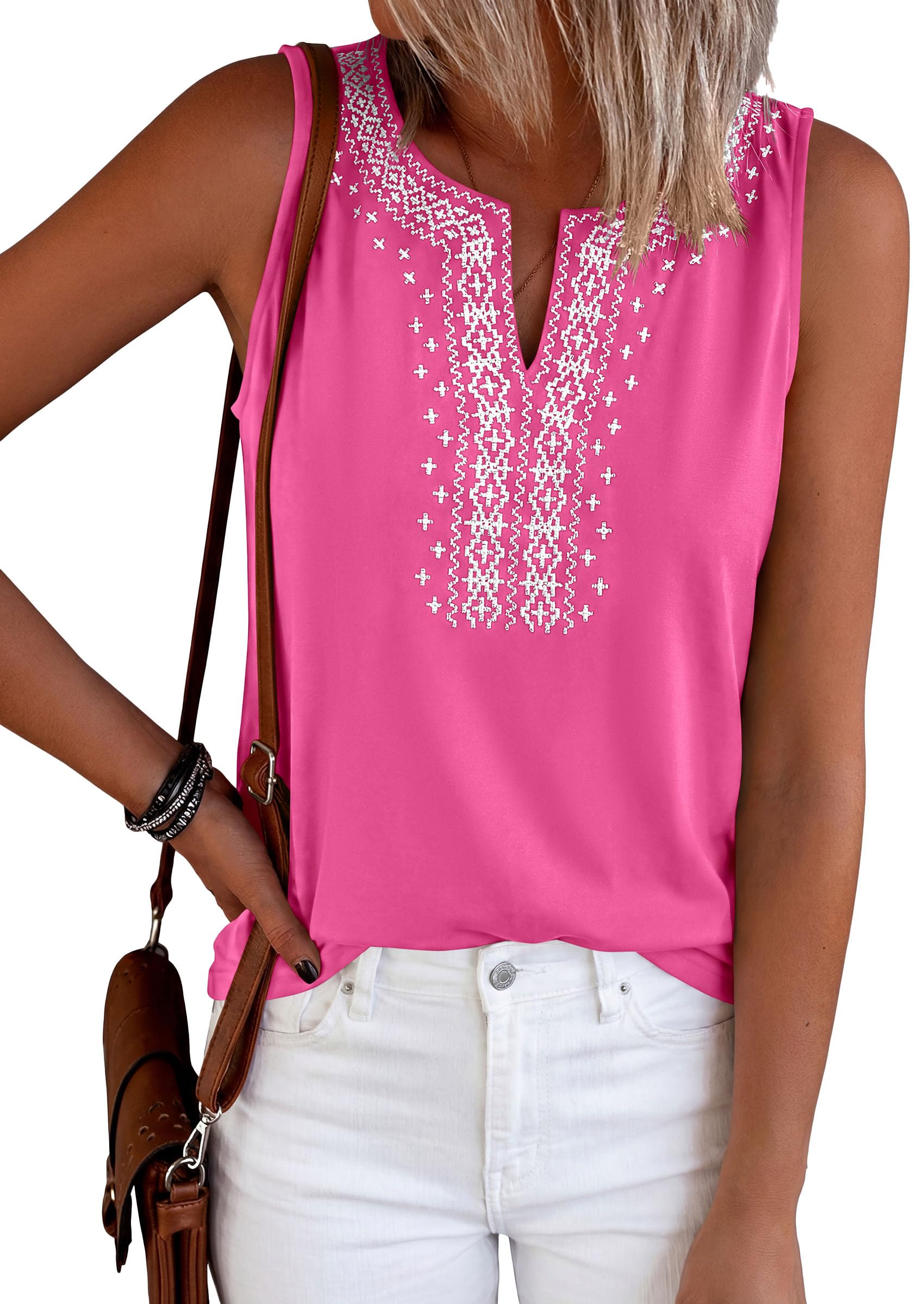 Womens Embroidered Sleeveless Tank Tops Rose Pink,S