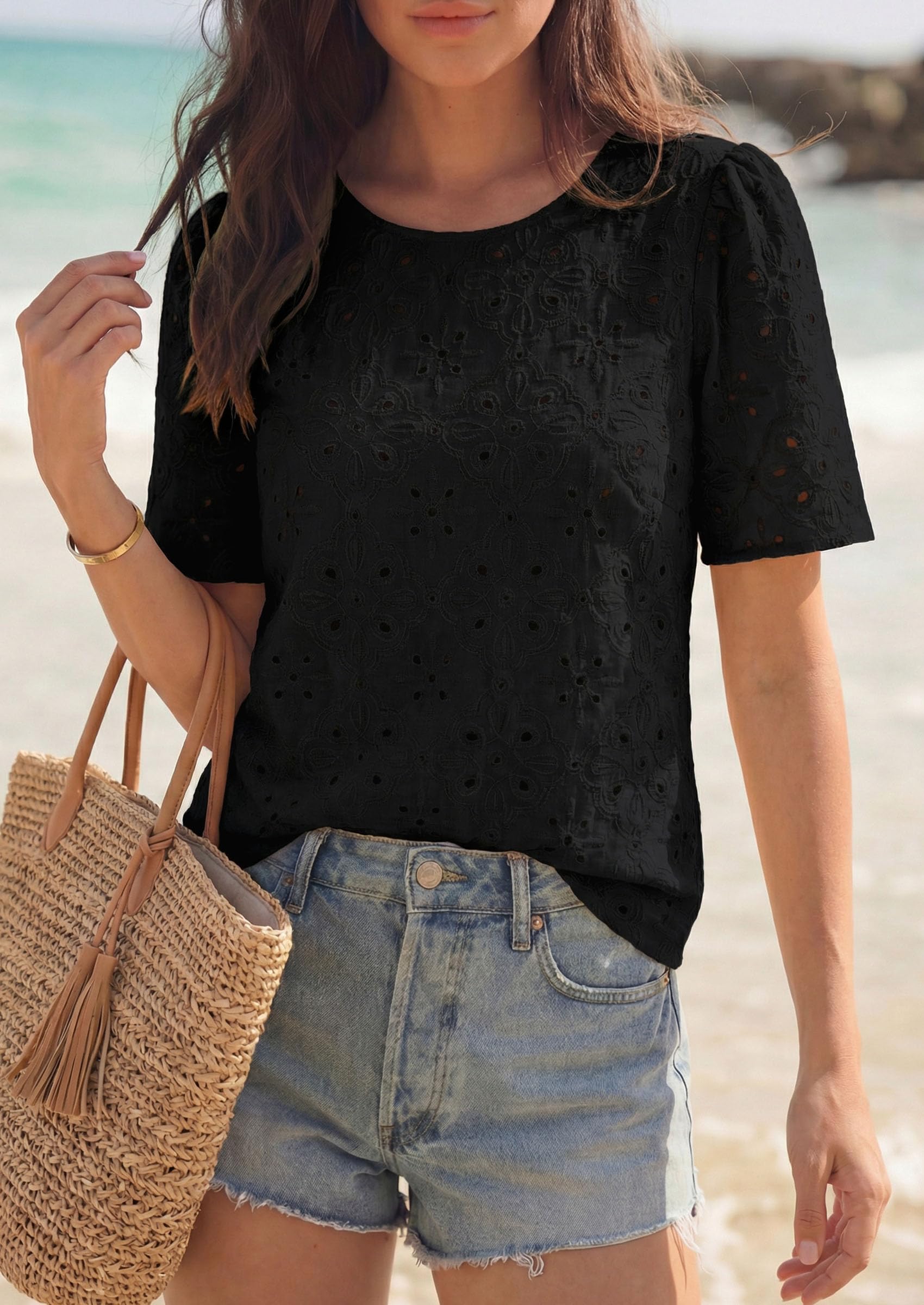 Women's Embroidered Eyelet Short Sleeve Blouse, Black,XS