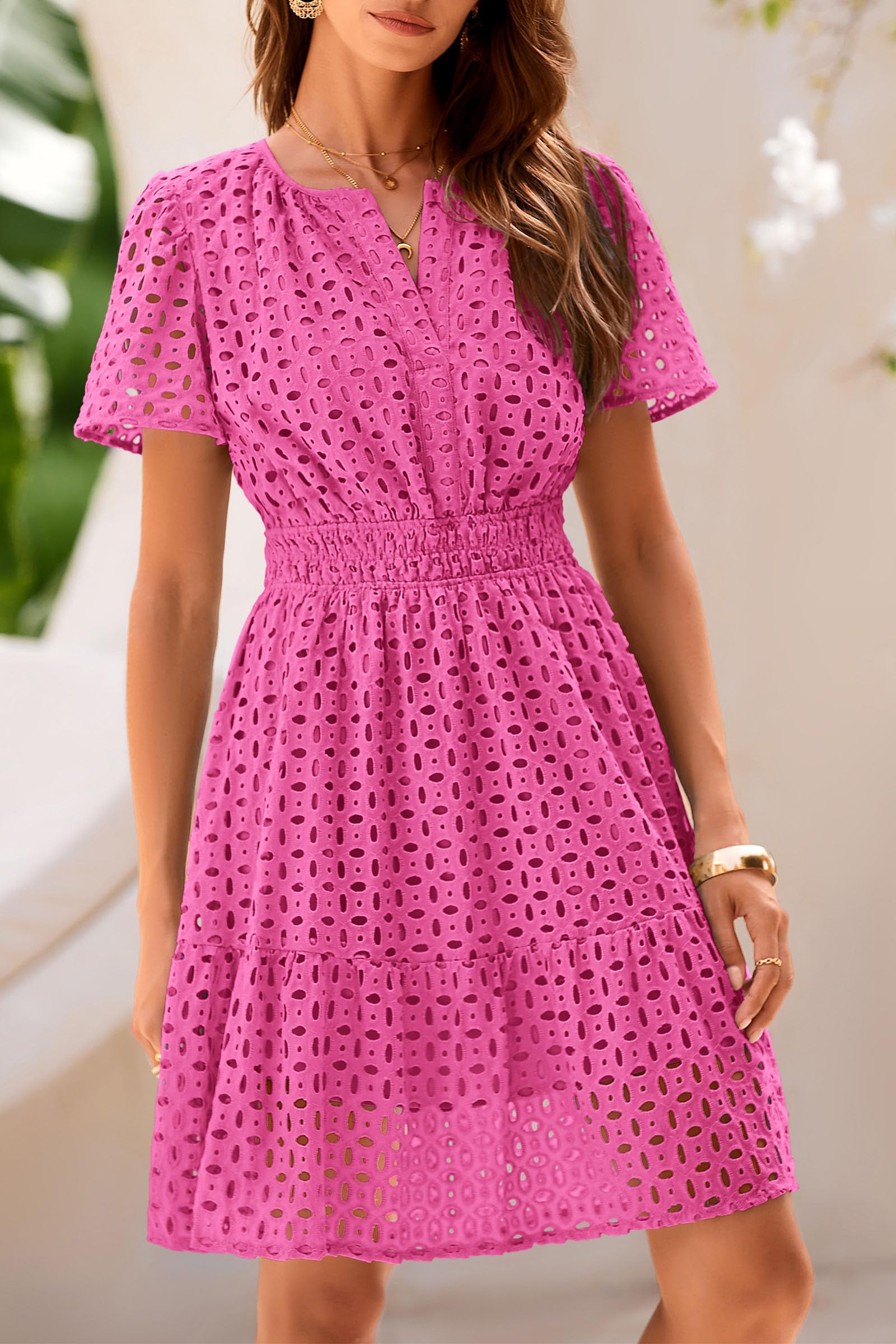 Women's Summer Eyelet Lace Short Dresses (Rose Red,S)