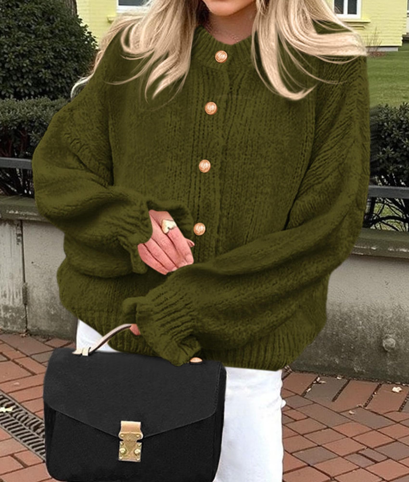 Womens Long Sleeve Chunky Knit Cardigan Sweaters Army Green