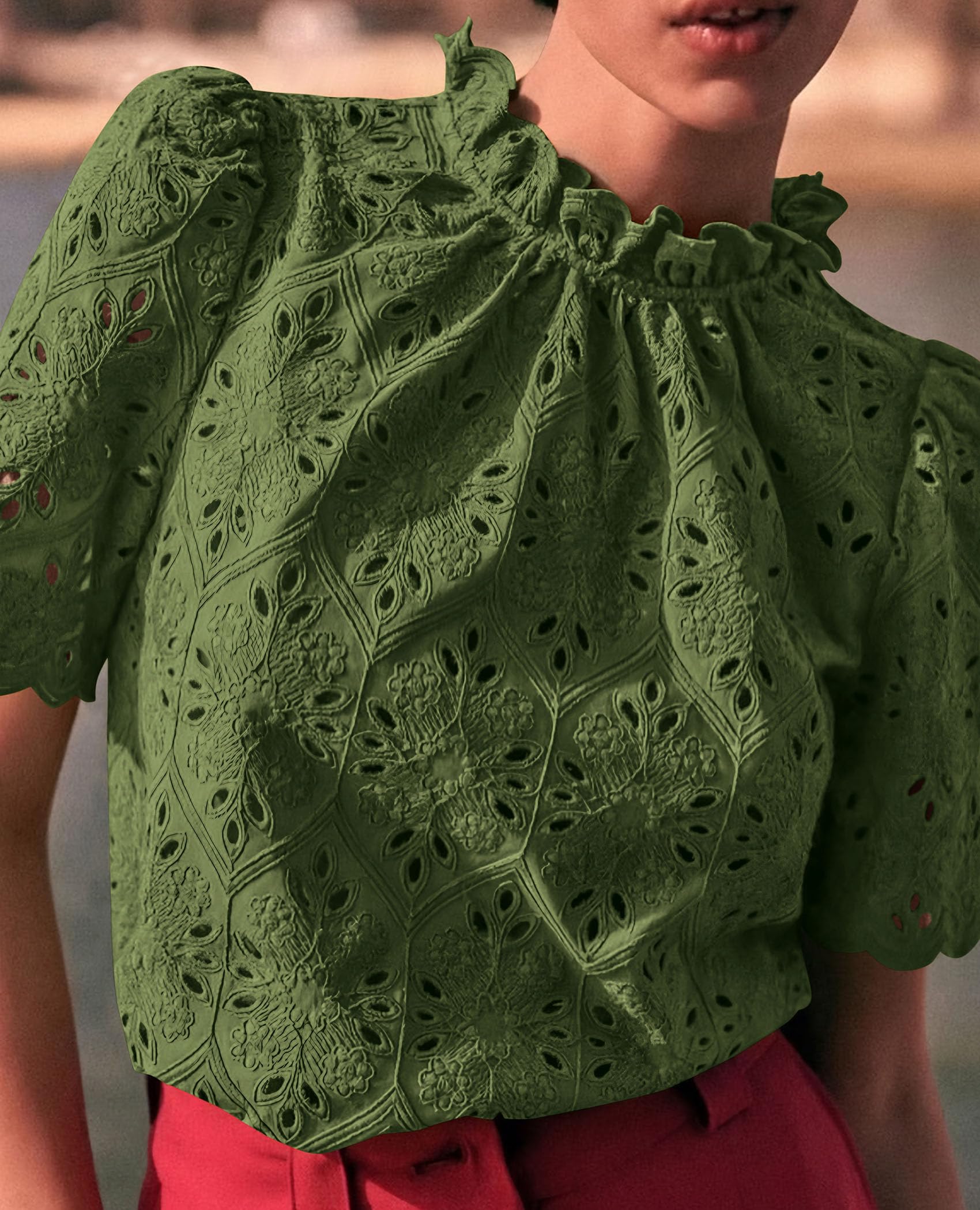 Women Summer Tops Eyelet Embroidered Shirts,Army Green,XS