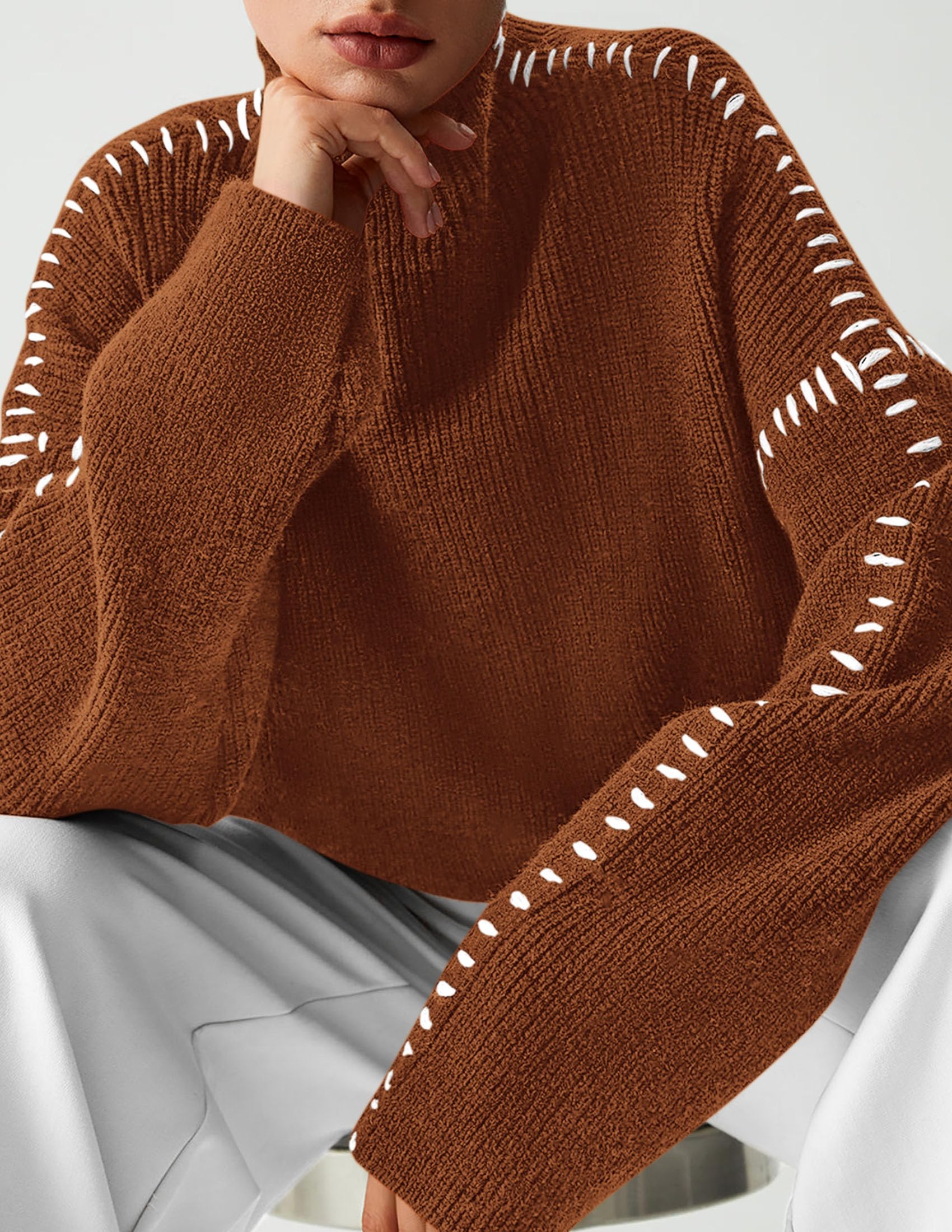 Womens Chunky Knit Oversized Pullover Sweaters,Caramel,S