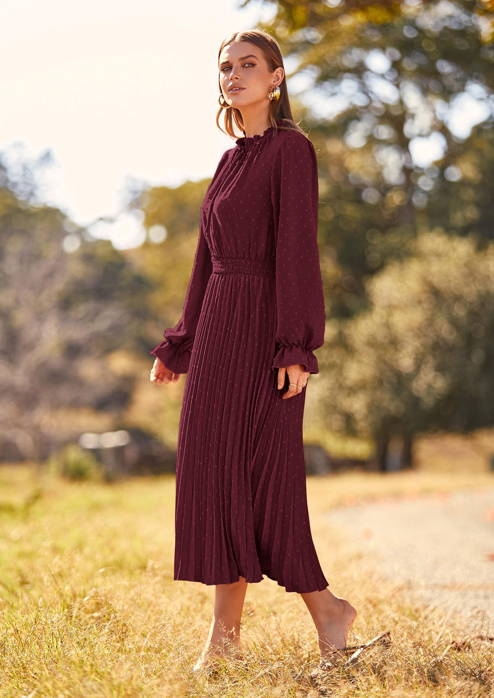 Women's Fall Midi Wedding Guest Dress(Dark Wine Red,Small)
