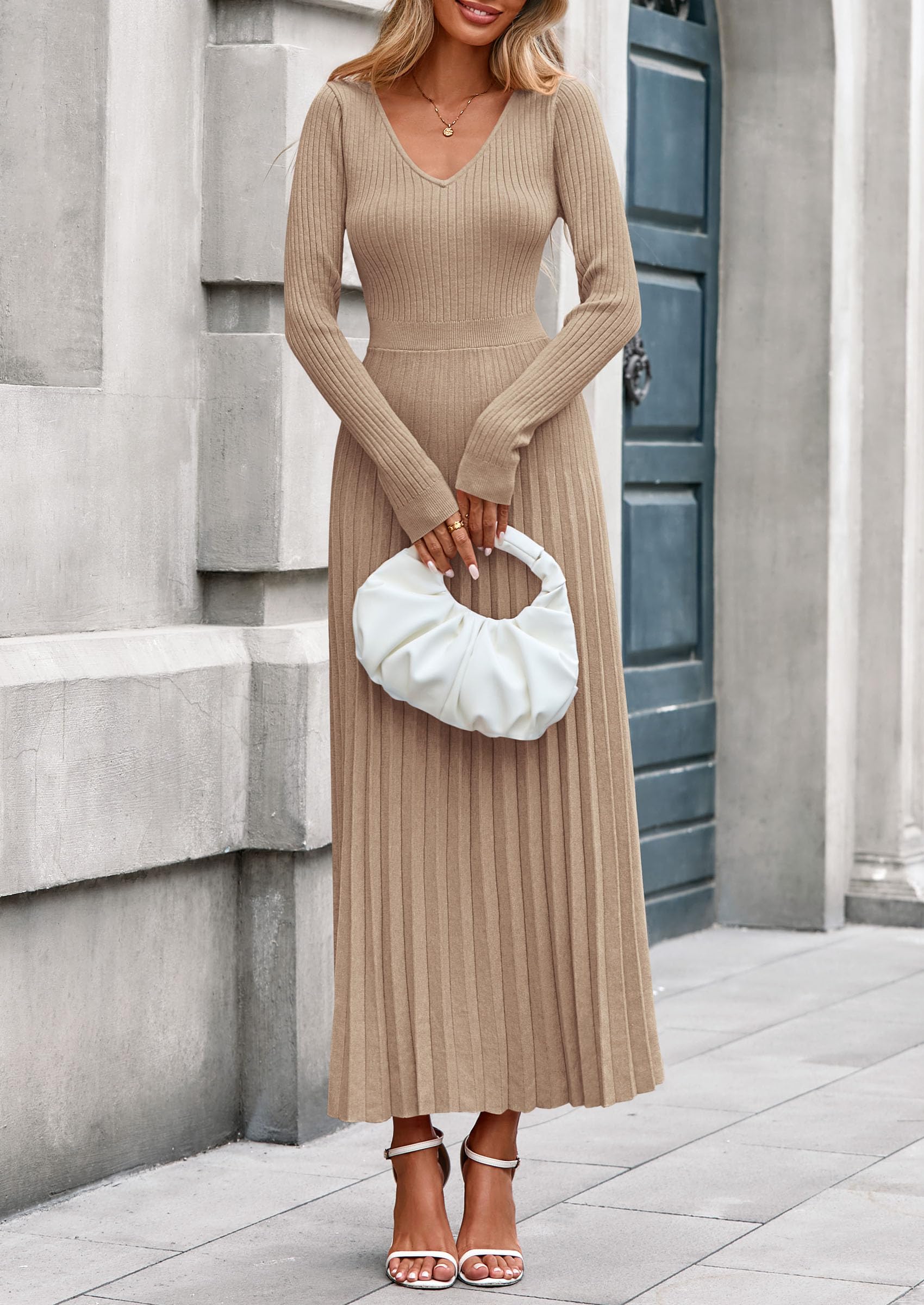 Sweater Dress Women Long Sleeve Maxi Flowy Pleated Dresses